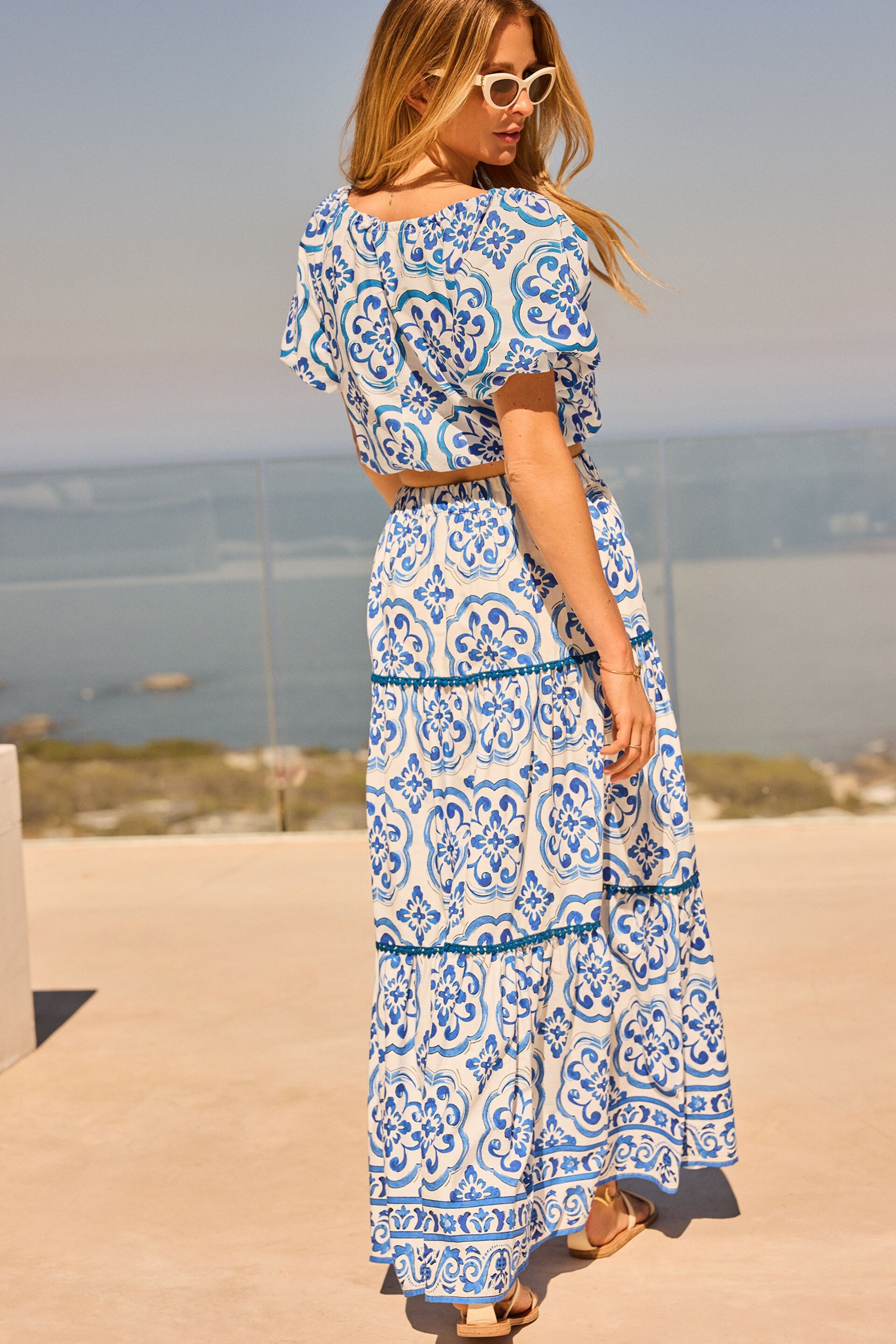 Friends Like These Blue Floral Tiered Cotton Maxi Skirt - Image 2 of 5