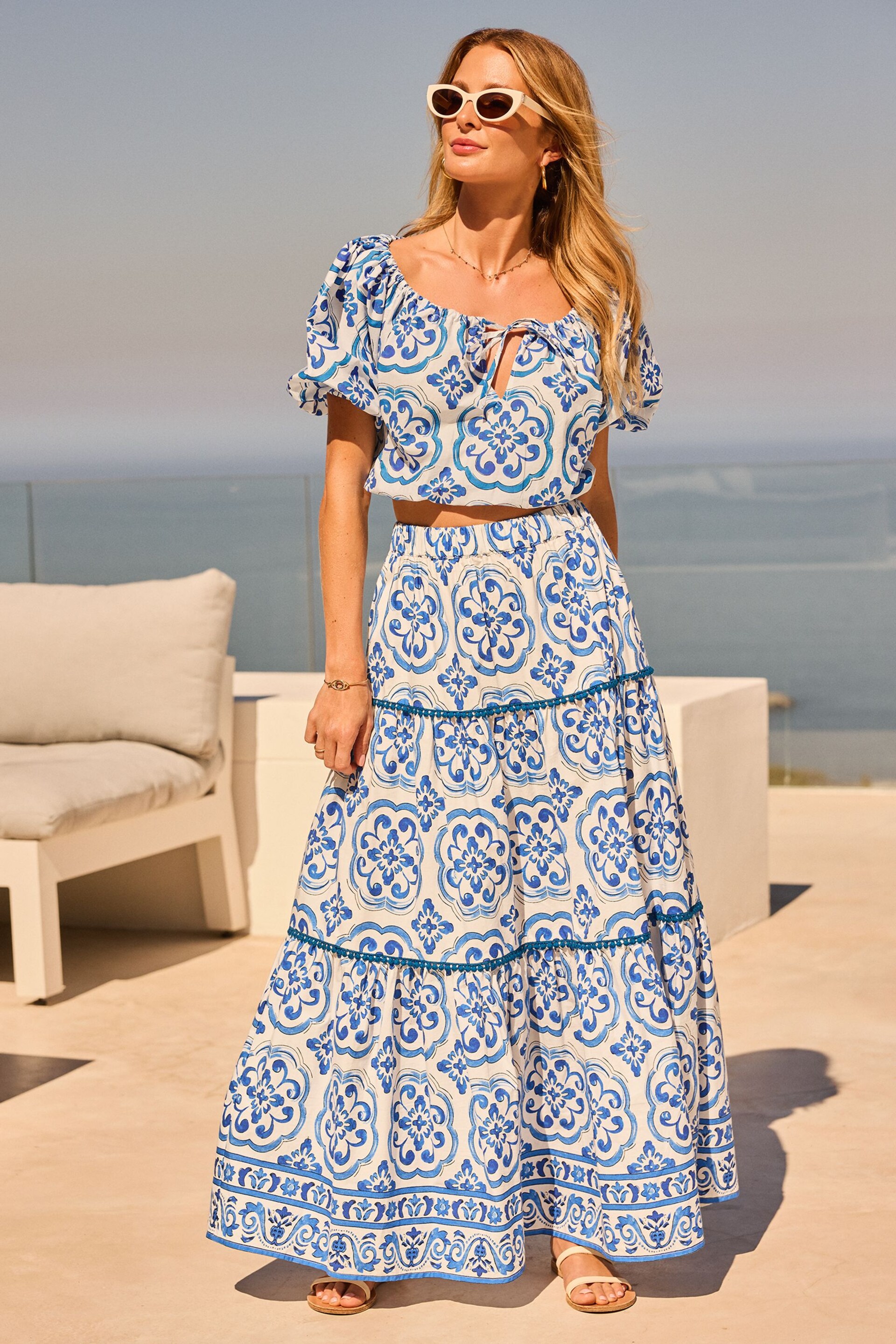 Friends Like These Blue Floral Tiered Cotton Maxi Skirt - Image 3 of 5