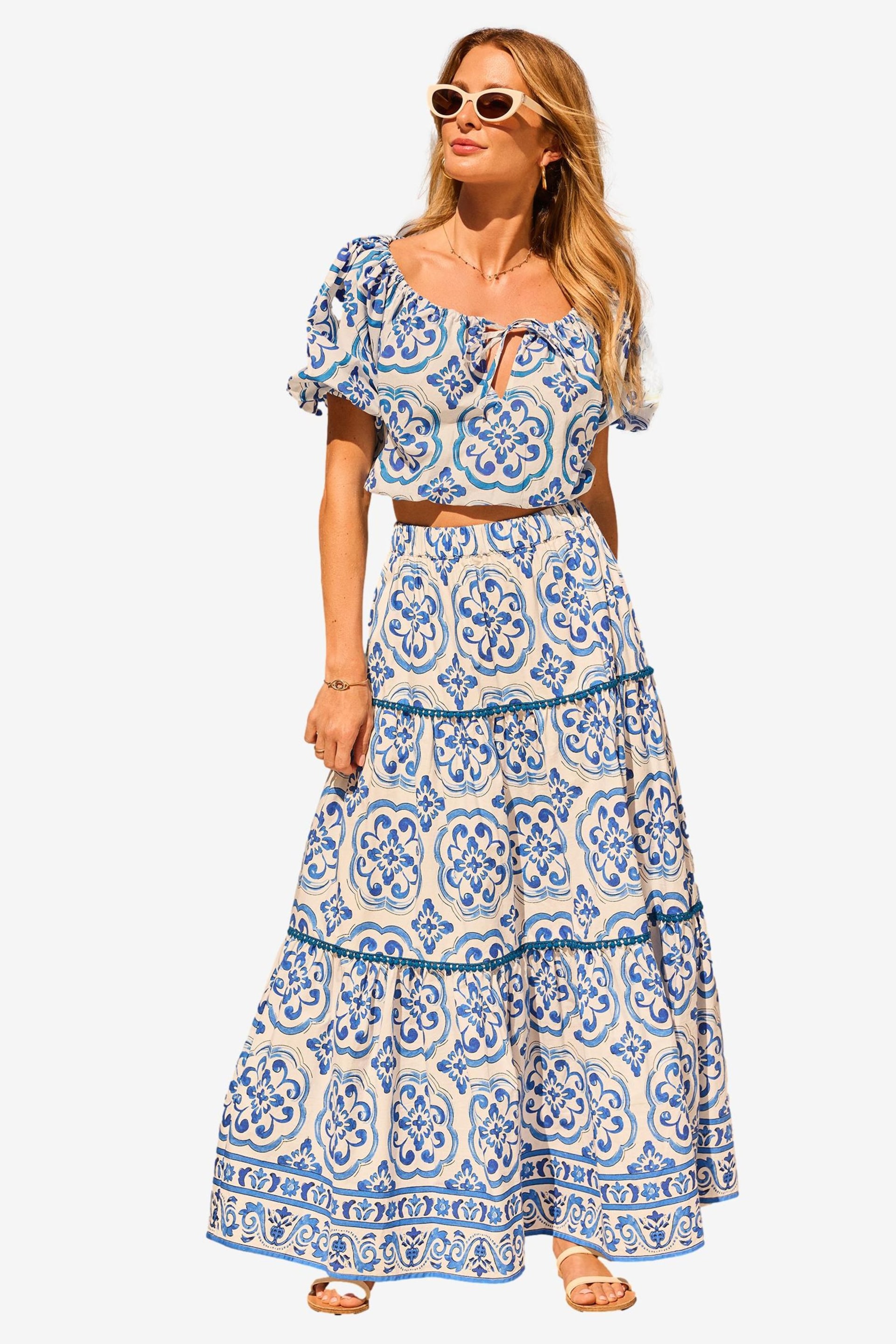 Friends Like These Blue Floral Tiered Cotton Maxi Skirt - Image 5 of 5
