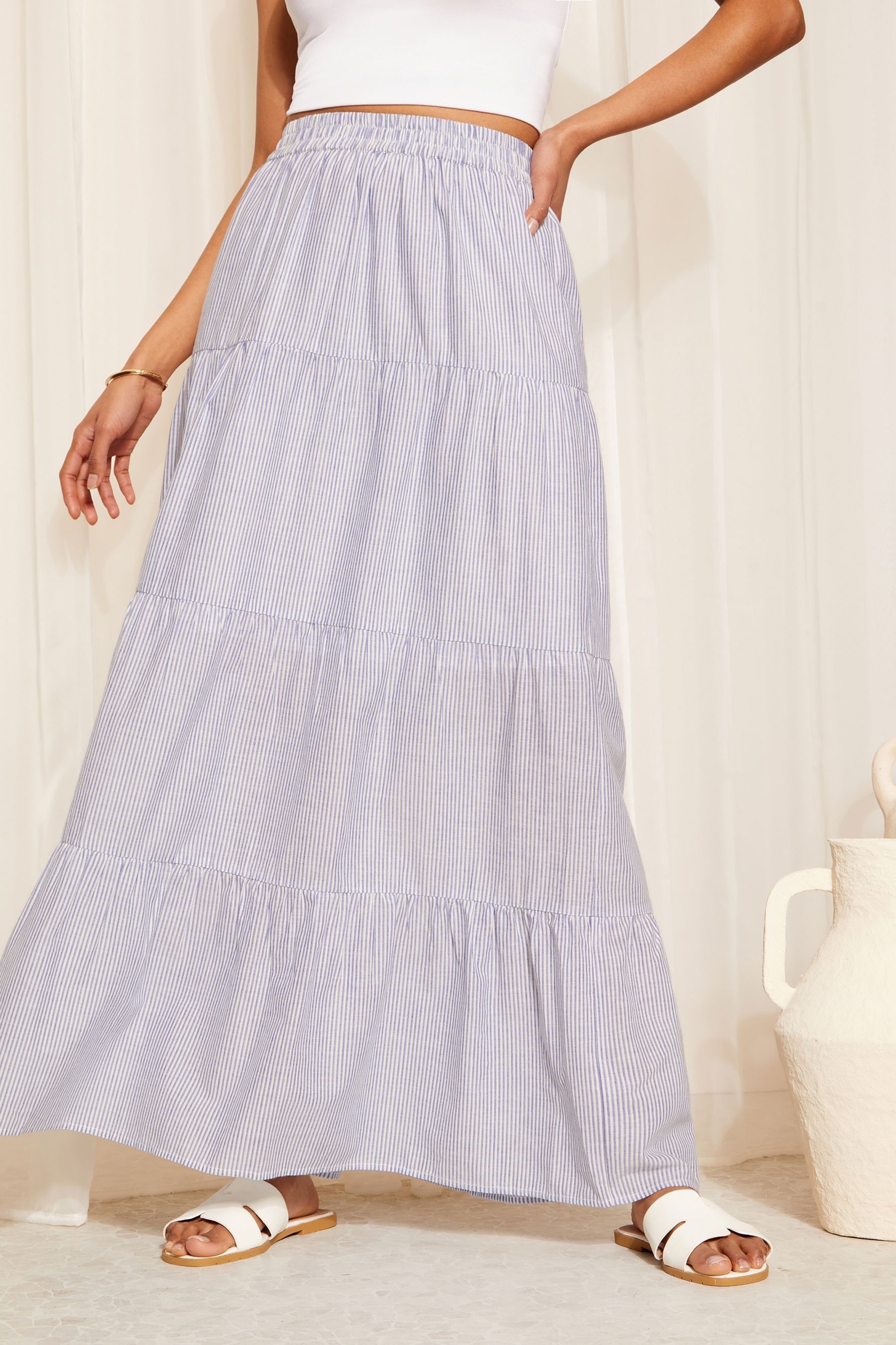 Buy Friends Like These Blue Pinstripe Boho Maxi Tiered Cotton Skirt from Next Luxembourg