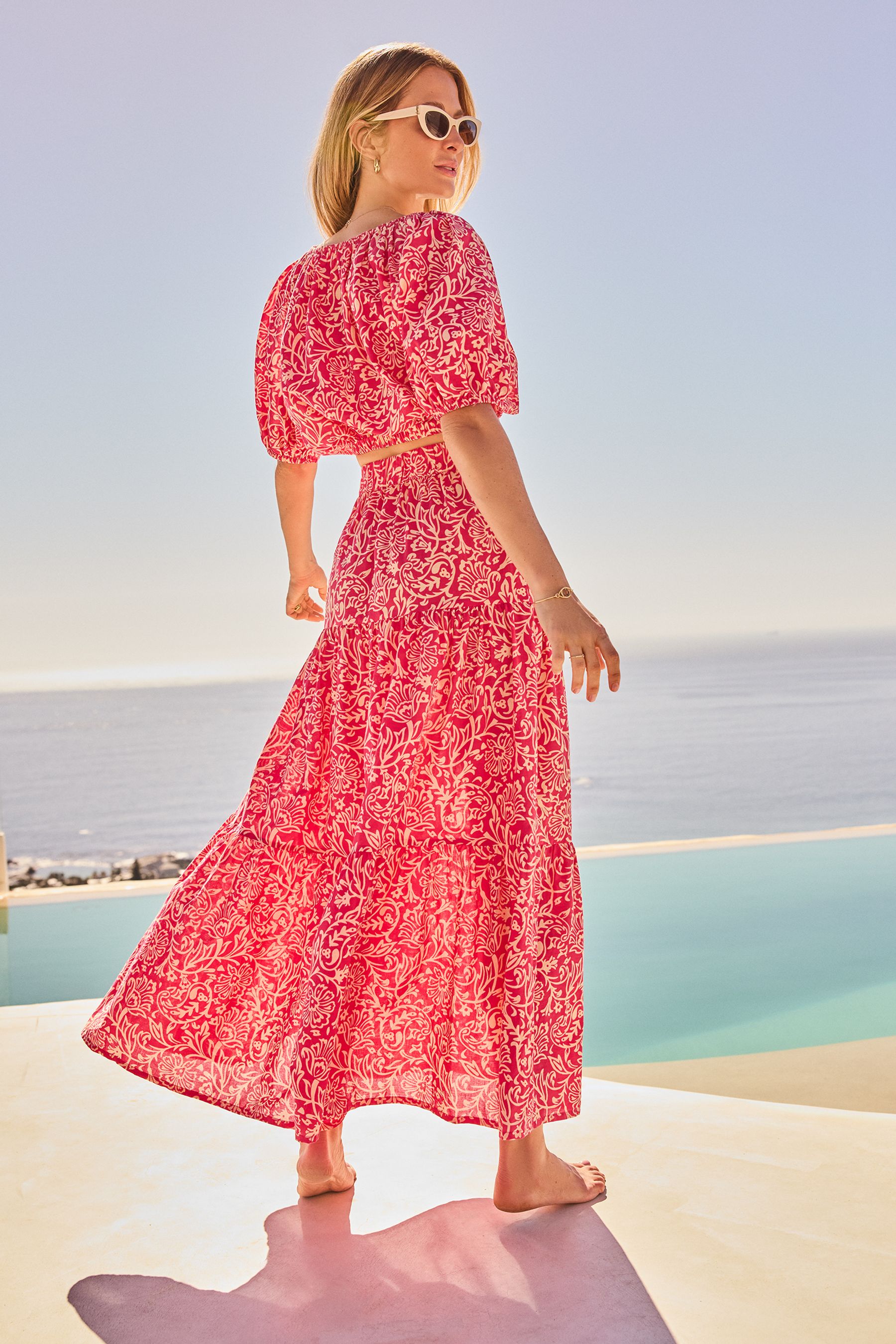 Friends Like These Pink Tile Tiered Cotton Maxi Skirt