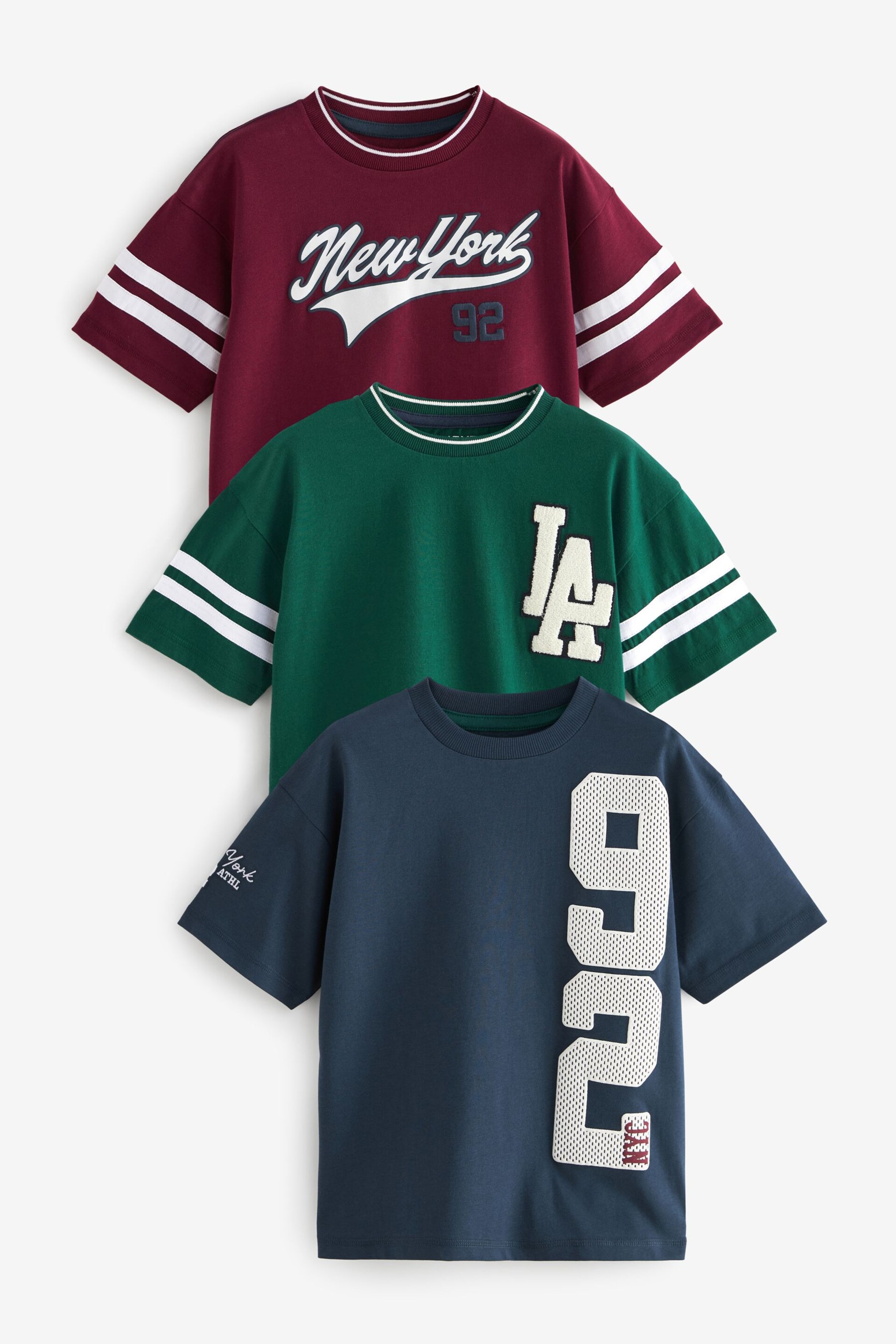Berry/Navy/Green Varsity Graphic Relaxed Fit Short Sleeve T-Shirts 3 Pack (3-16yrs) - Image 1 of 6