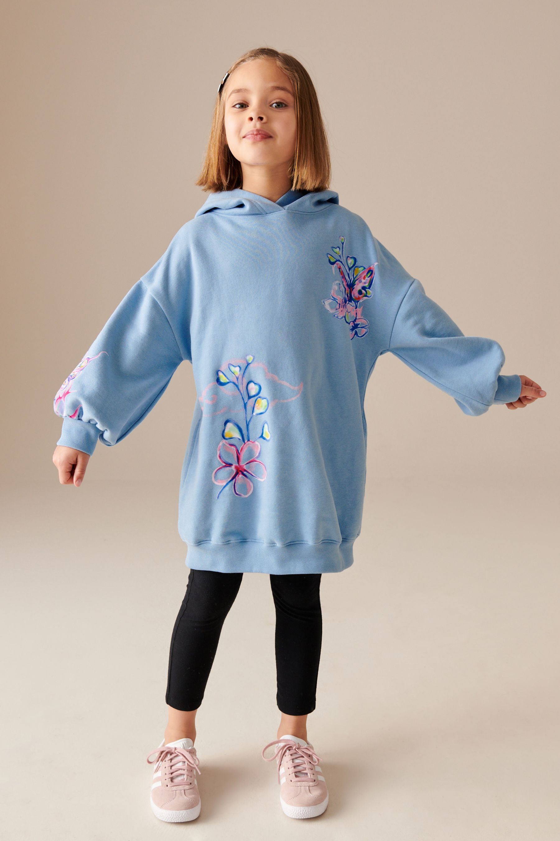Blue Butterfly Printed Longline 100 Cotton Hoodie 3 16yrs