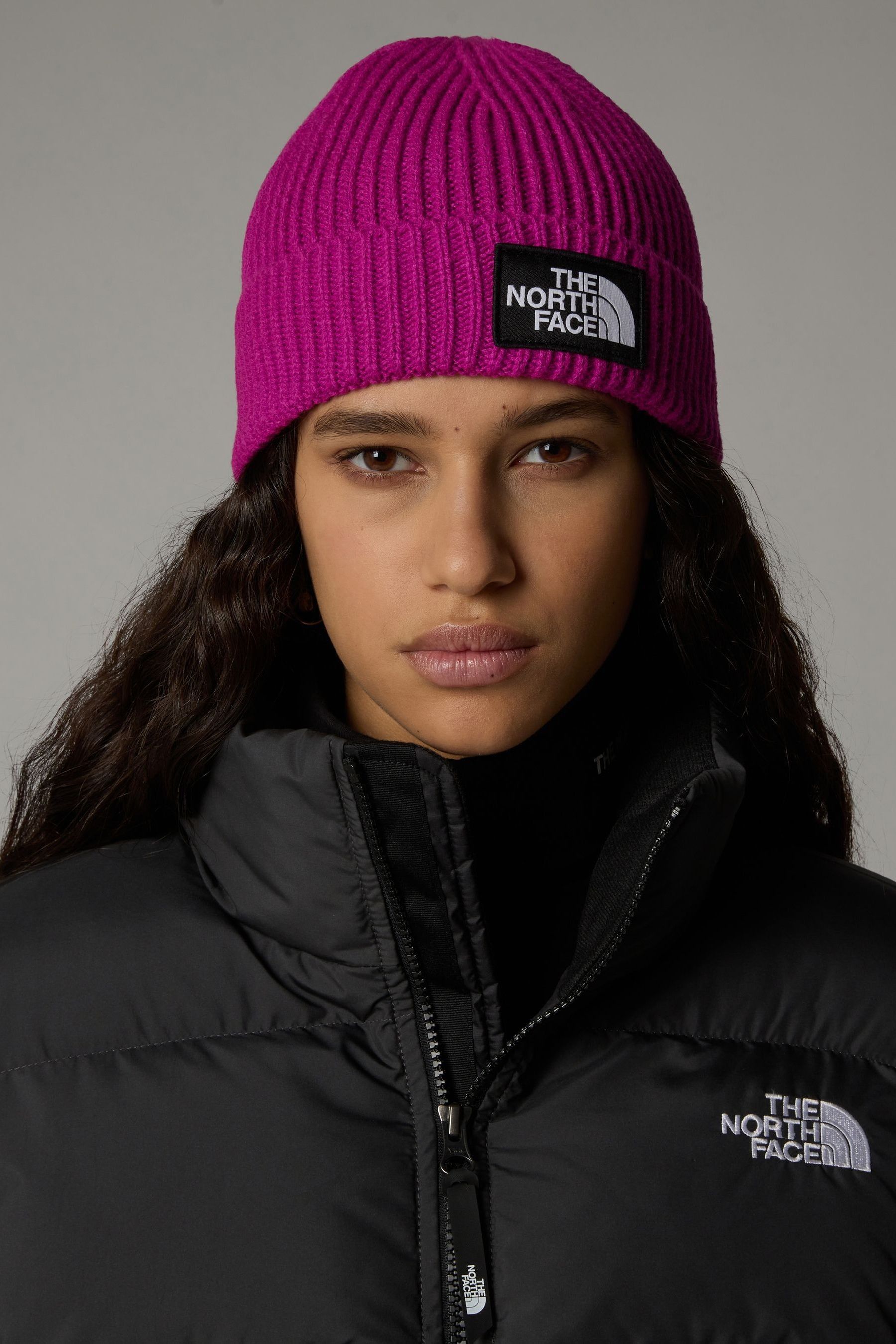 The North Face Purple Logo Box Cuffed Beanie