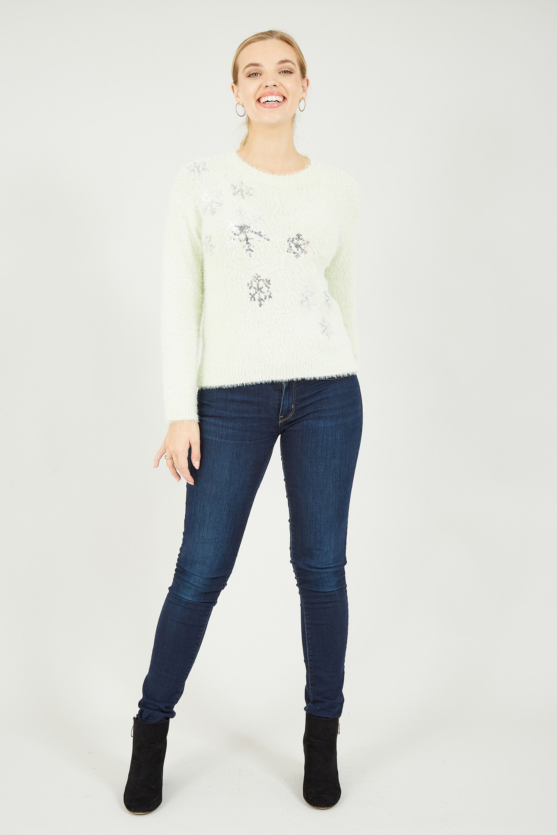 Mela Green Sequin Snowflake Fluffy Jumper - Image 3 of 4