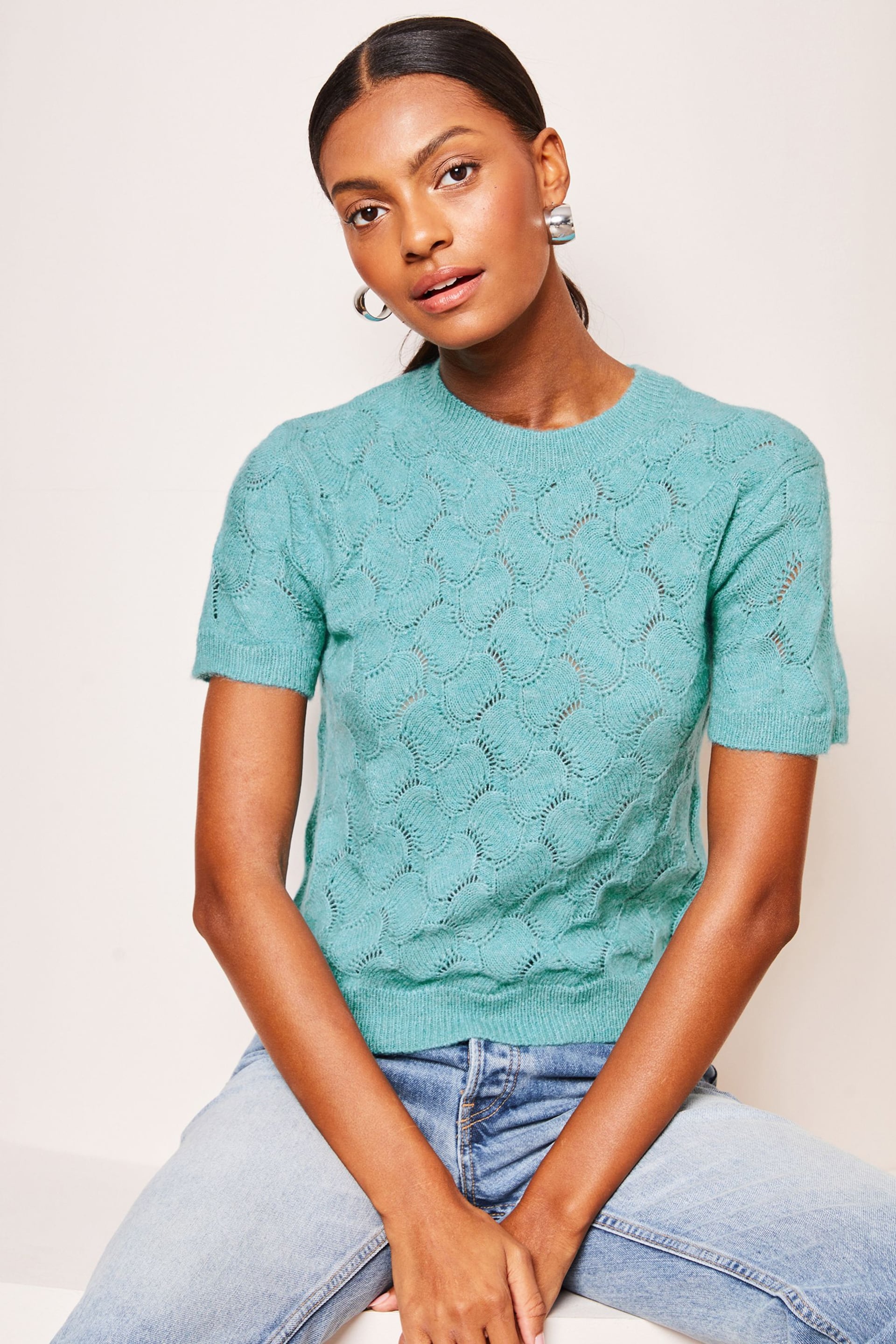 Lipsy Teal Blue Short Sleeve Patterned Knit Top - Image 1 of 4
