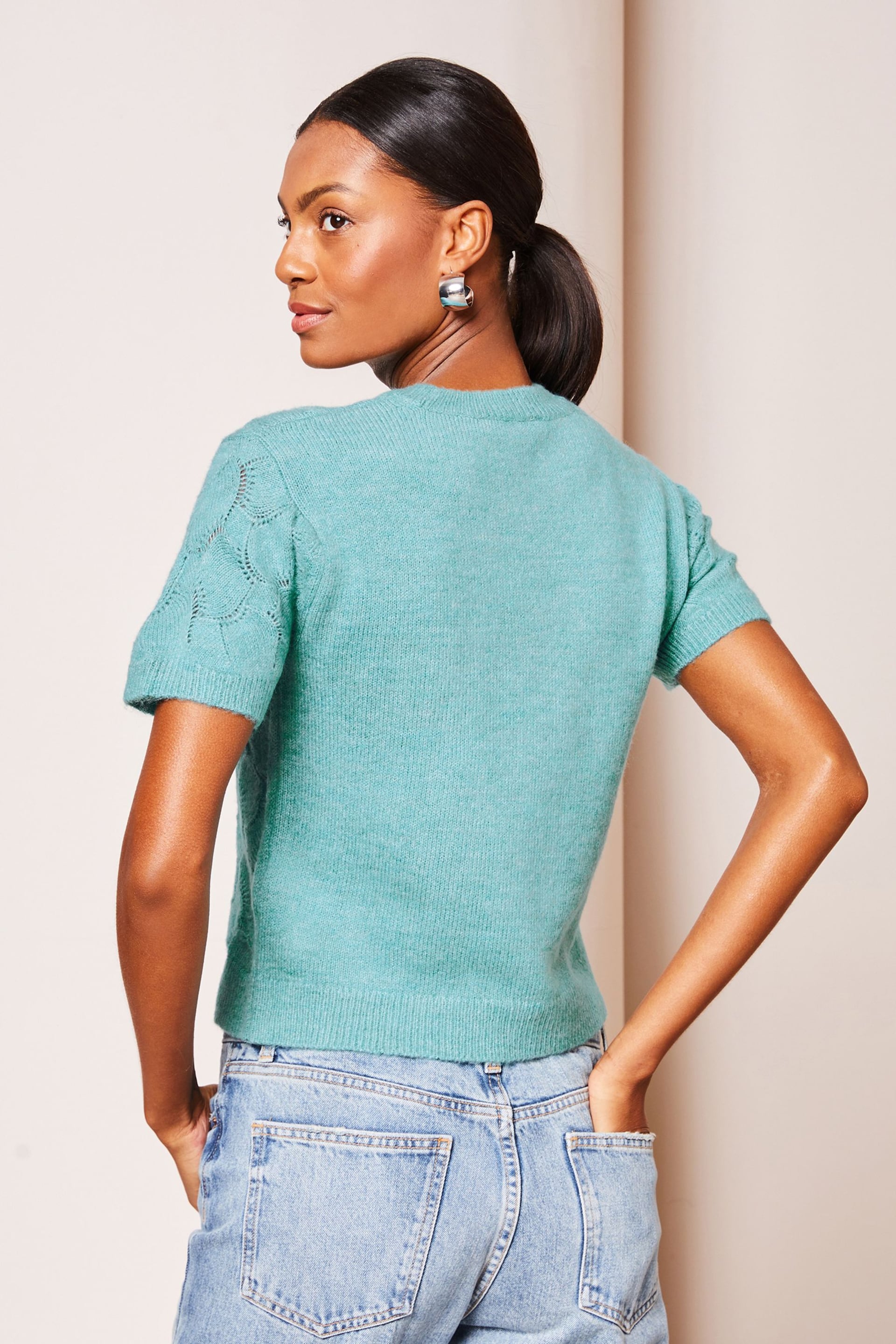 Lipsy Teal Blue Short Sleeve Patterned Knit Top - Image 2 of 4