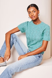 Lipsy Teal Blue Short Sleeve Patterned Knit Top - Image 3 of 4