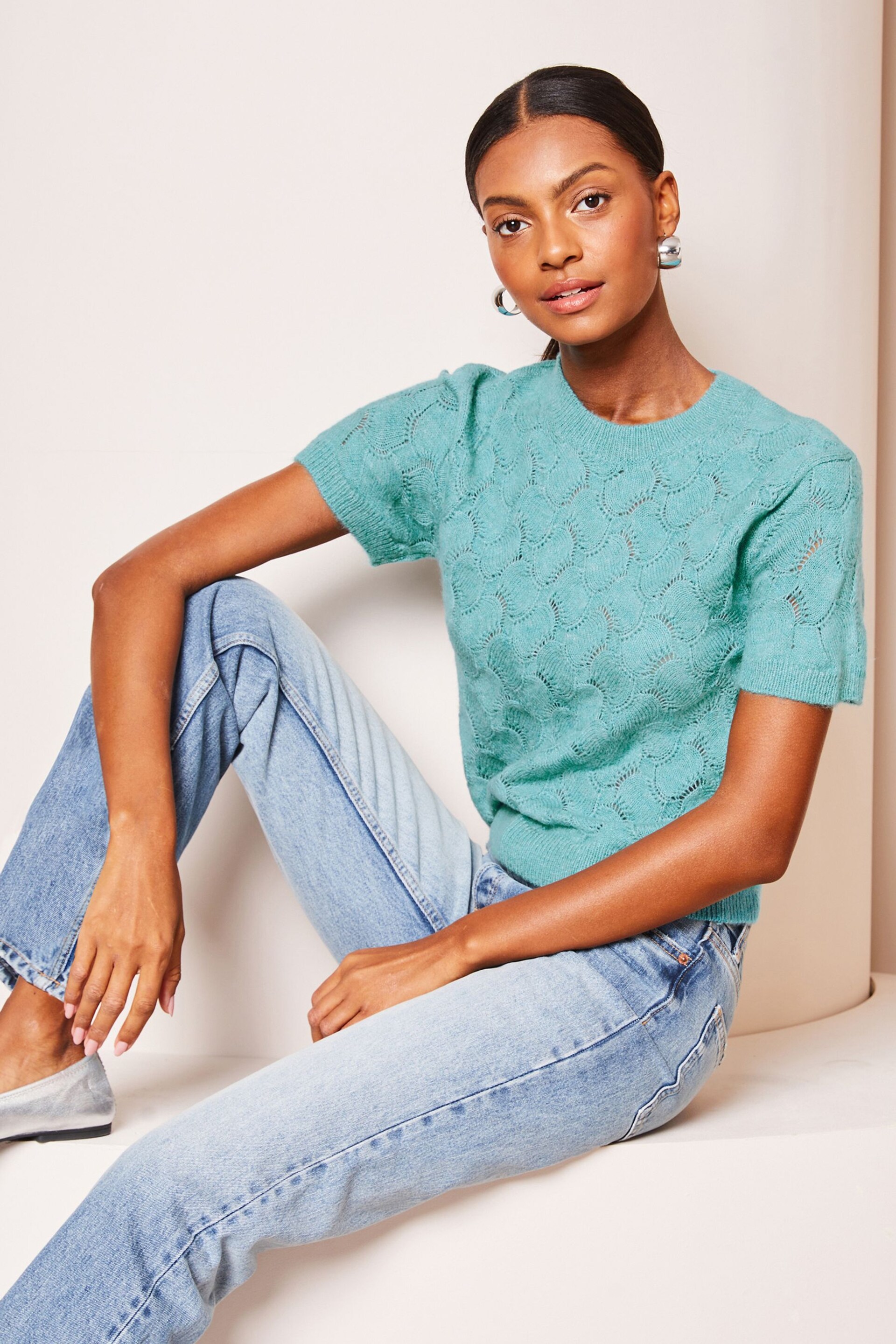 Lipsy Teal Blue Short Sleeve Patterned Knit Top - Image 3 of 4