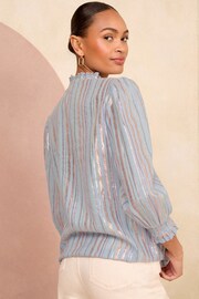 Love & Roses Blue Stripe Metallic Embroidered V Neck 3/4 Sleeve Blouse - Image 3 of 4