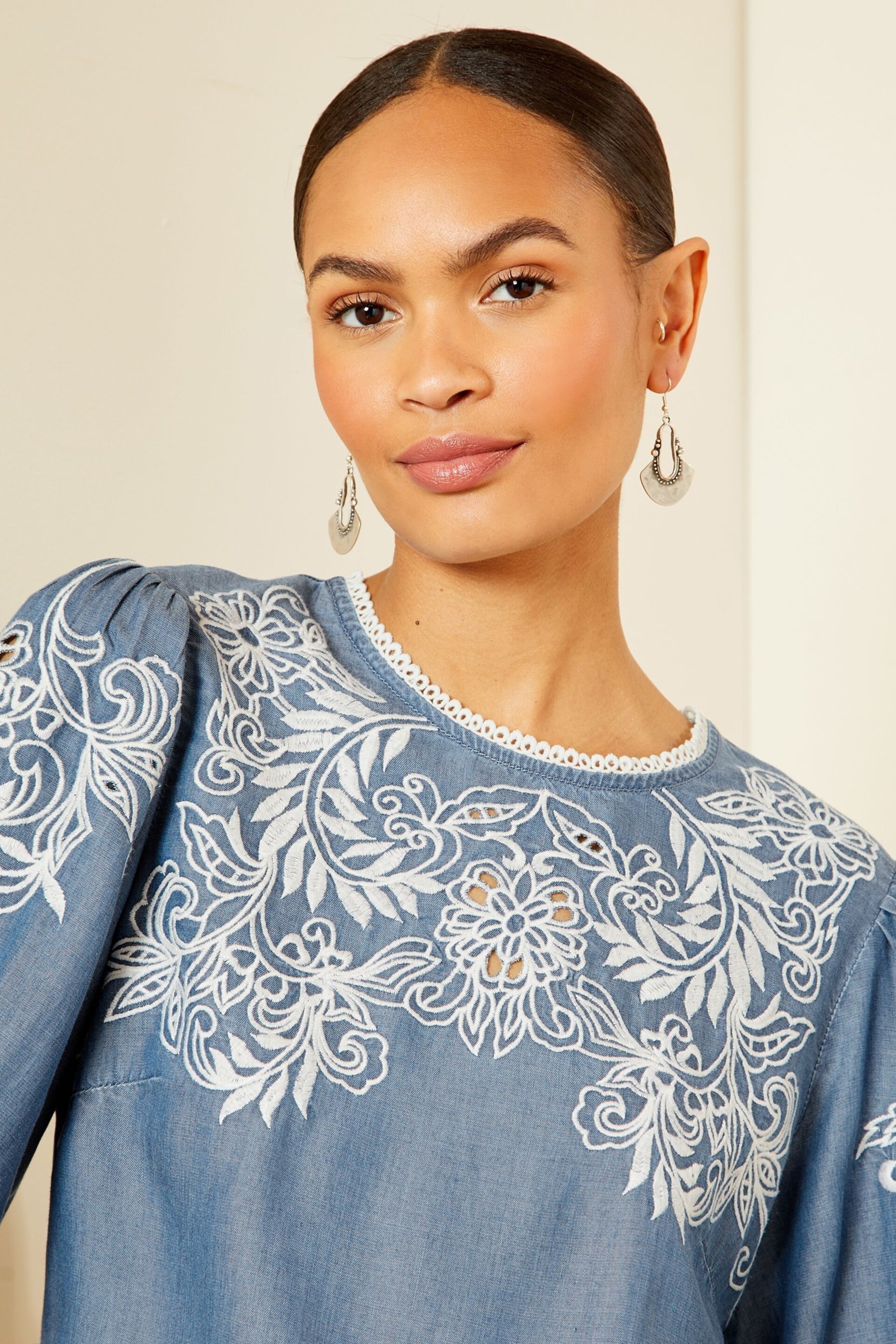 Love & Roses Blue TENCEL™ Embroidery Puff Sleeve Blouse - Image 2 of 4