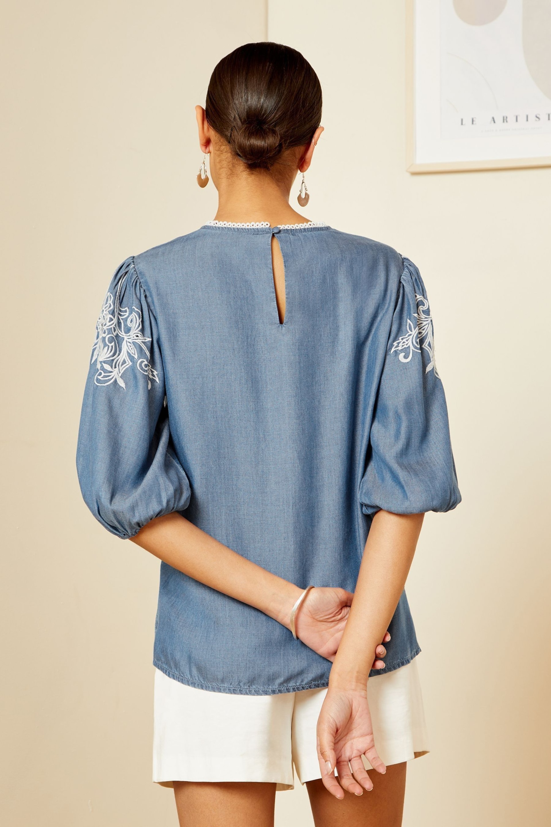 Love & Roses Blue TENCEL™ Embroidery Puff Sleeve Blouse - Image 3 of 4