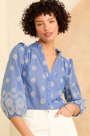 Love & Roses Chambray Blue Broderie Embroidered V Neck 3/4 Sleeve Blouse - Image 1 of 4