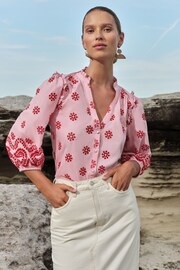 Love & Roses Pink and Red Broderie Petite Embroidered V Neck 3/4 Sleeve Blouse - Image 2 of 4