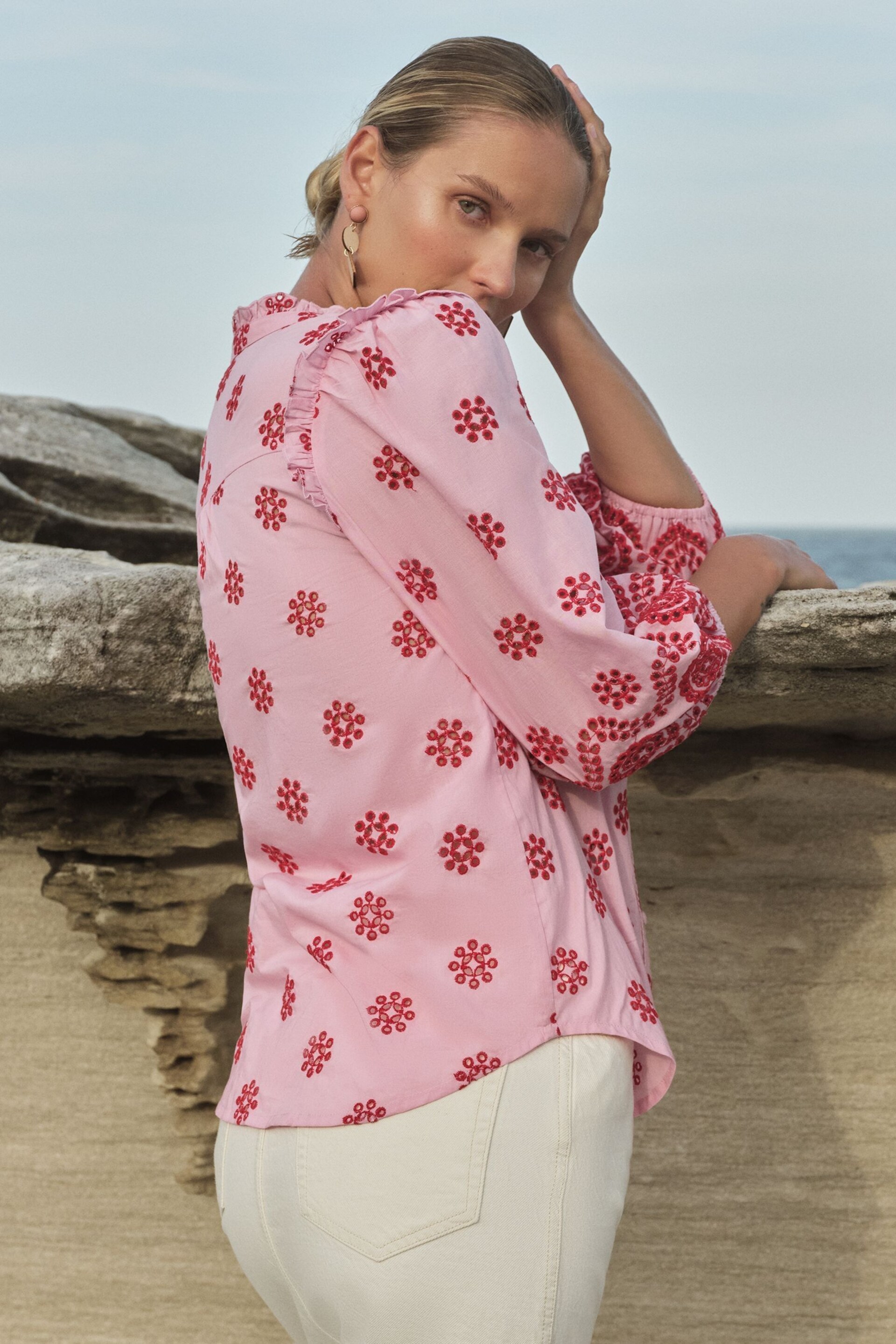 Love & Roses Pink and Red Broderie Petite Embroidered V Neck 3/4 Sleeve Blouse - Image 3 of 4