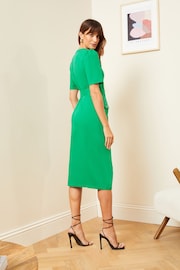 Love & Roses Green Tailored Belted V Neck Short Sleeve Midi Dress - Image 2 of 4