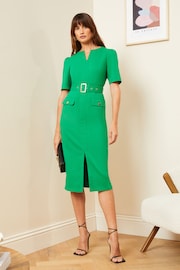 Love & Roses Green Tailored Belted V Neck Short Sleeve Midi Dress - Image 3 of 4