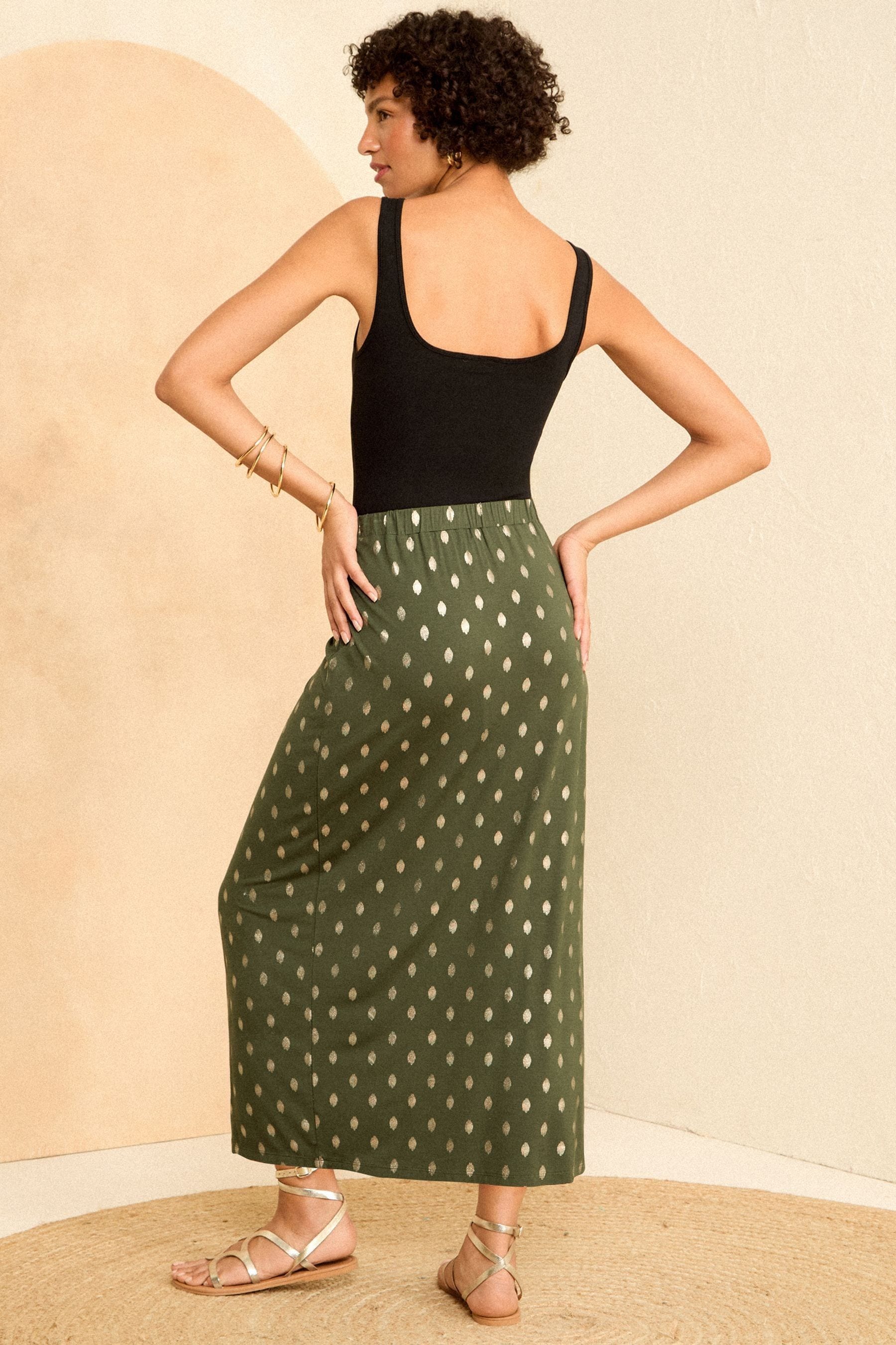 Buy Love Roses Khaki Dash Foil Knot Front Jersey Midi Skirt from Next Austria