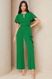 Lipsy Green Petite Flutter Sleeve Tie Side Wide Leg Jumpsuit - Image 1 of 4