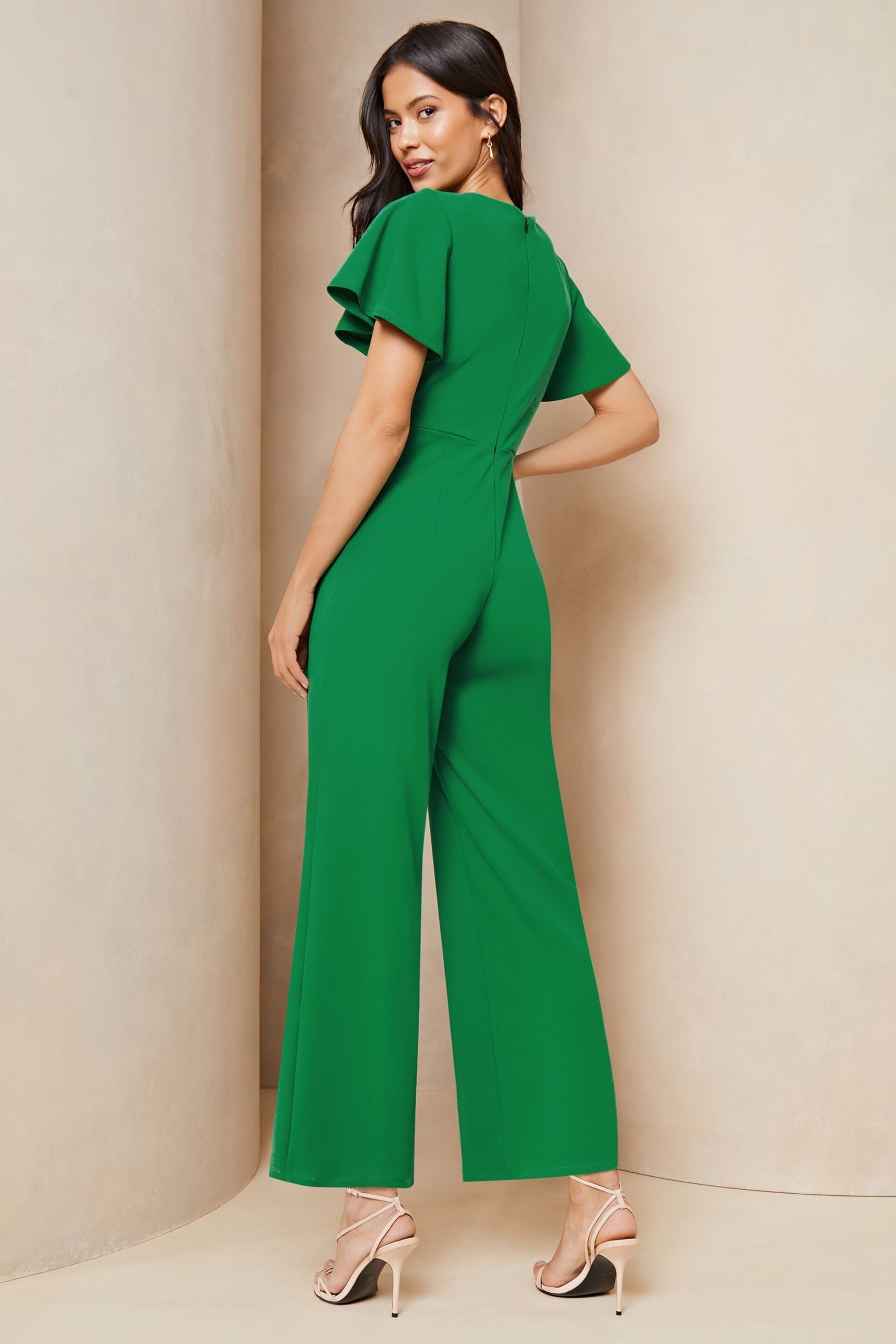 Lipsy Green Petite Flutter Sleeve Tie Side Wide Leg Jumpsuit - Image 2 of 4