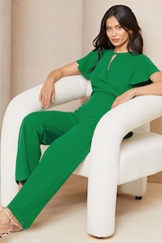 Lipsy Green Petite Flutter Sleeve Tie Side Wide Leg Jumpsuit - Image 3 of 4