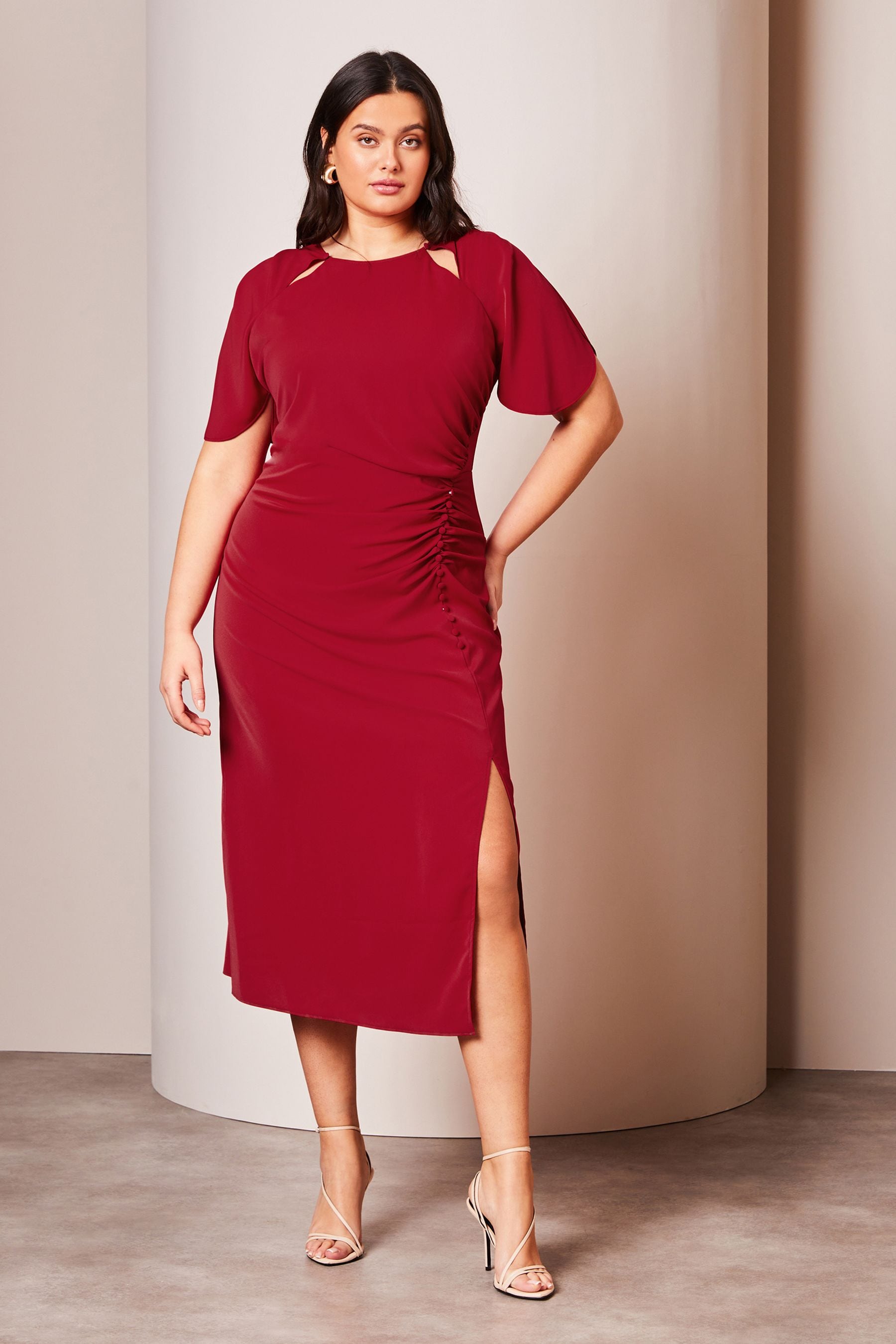 Buy Lipsy Red Curve Ruched Button Front Sleeved Midi Dress from Next Luxembourg