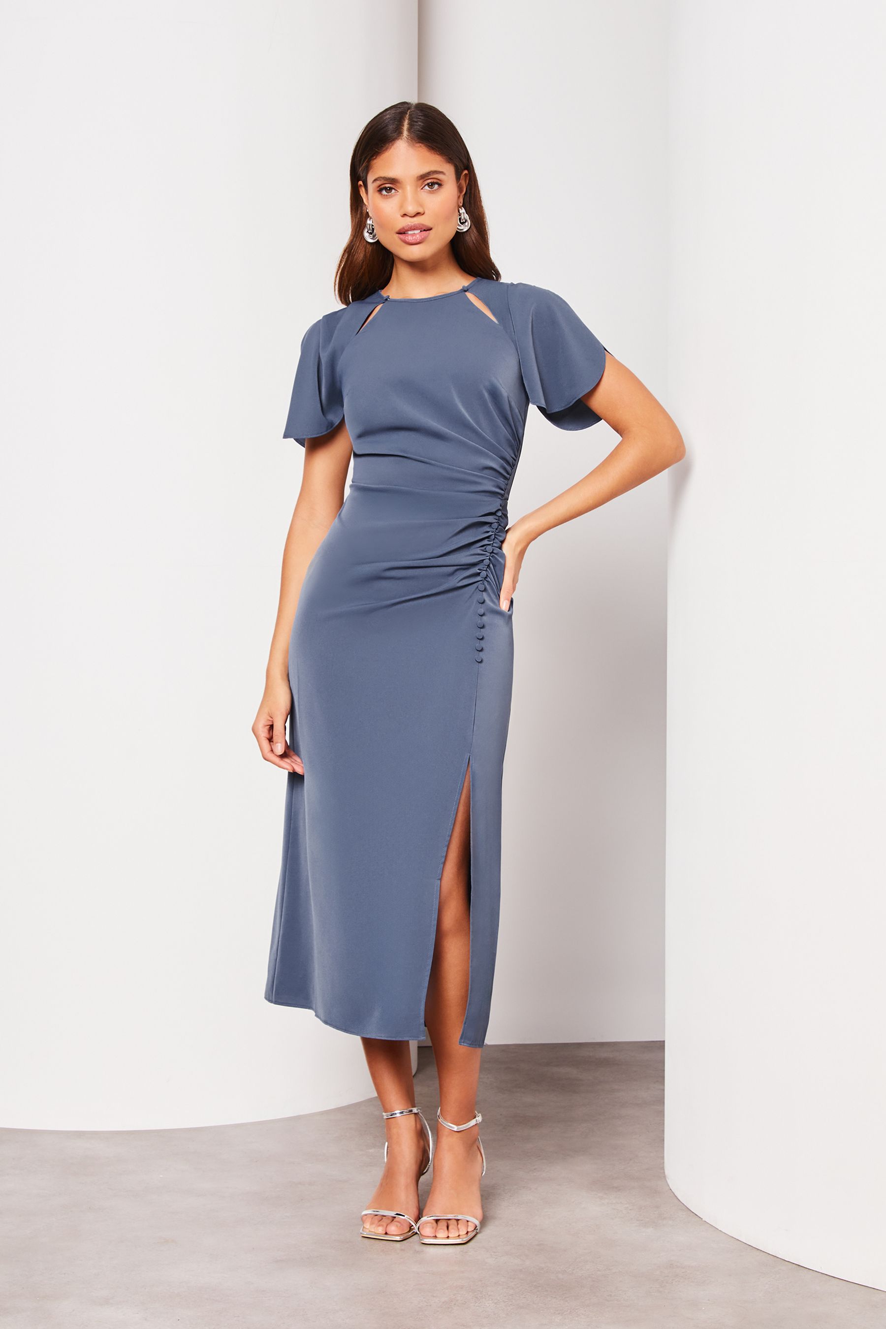 Buy Lipsy Blue Ruched Button Front Sleeved Midi Dress from Next Pakistan