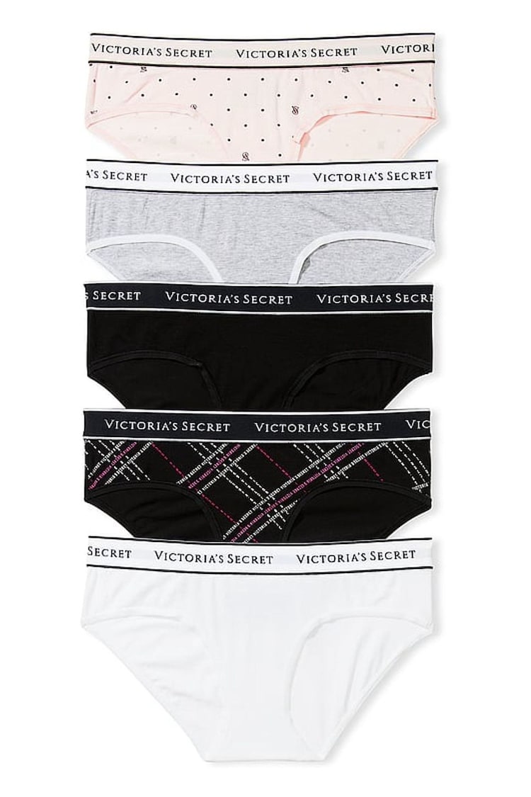 Victoria's Secret White/Black/Grey/Pink Hipster Logo 5 Pack Knickers - Image 1 of 3