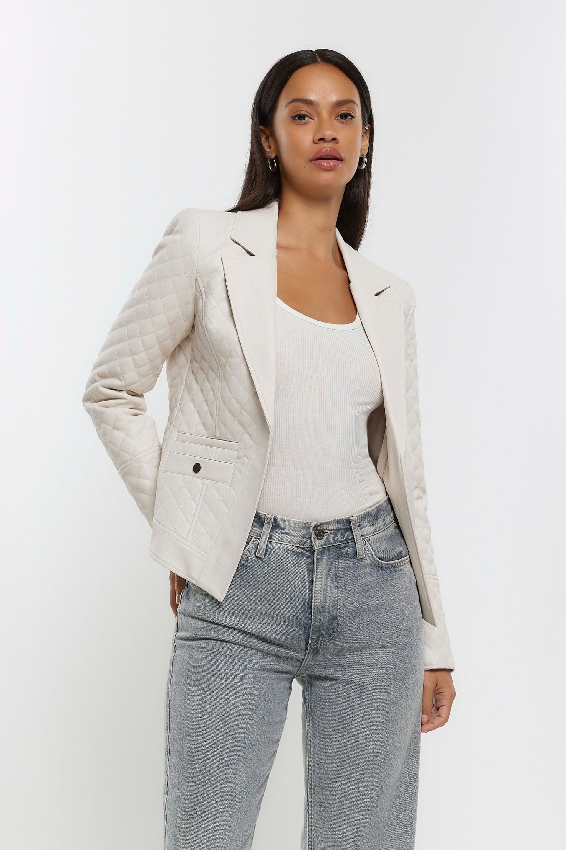 River Island Natural Faux Leather Quilted Blazer - Image 1 of 4