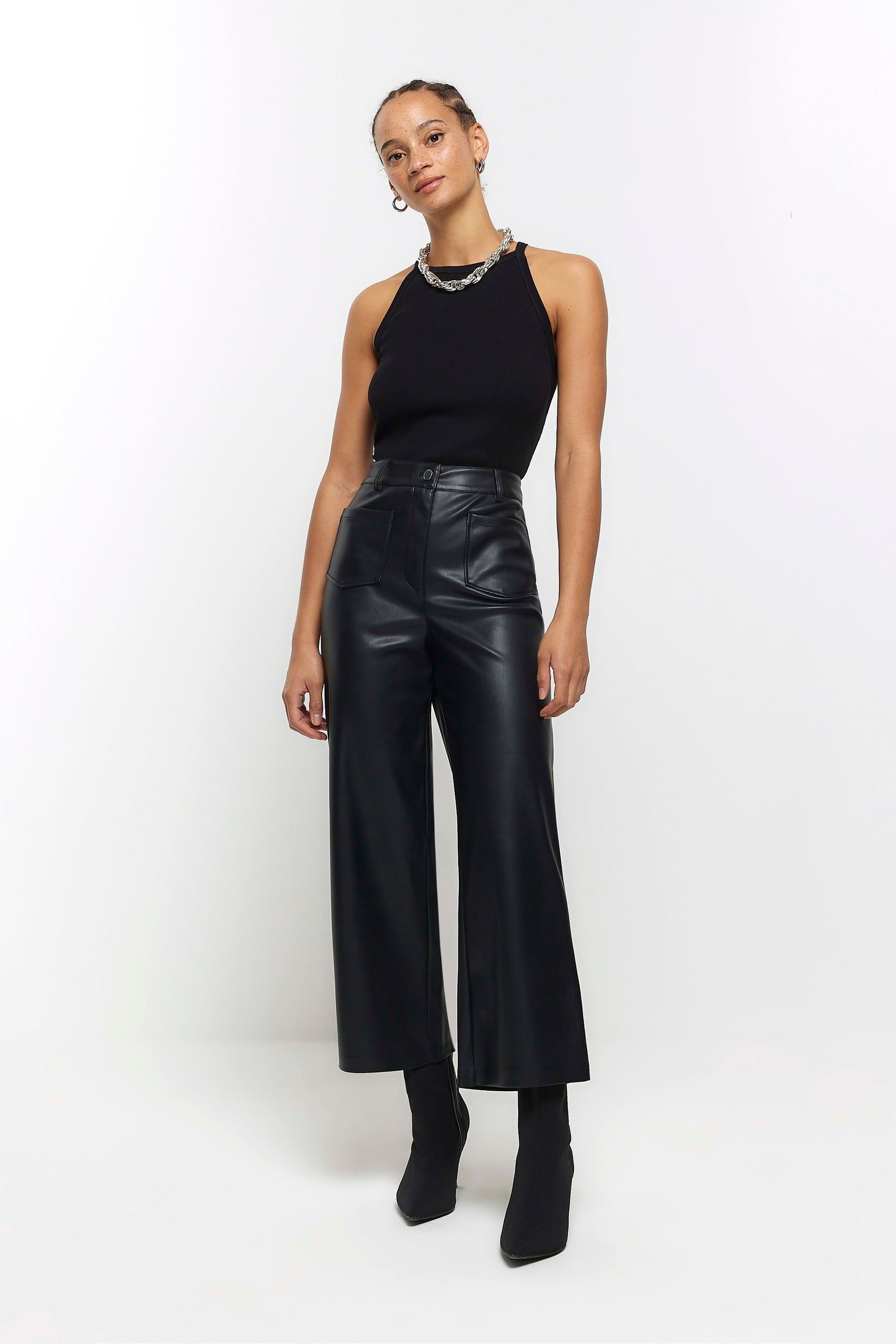 Buy River Island Black Faux Leather Crop Trousers from Next Ireland