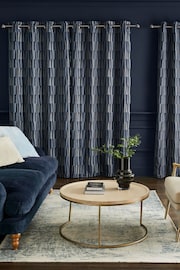 Navy Blue Abstract Blocks Jacquard Eyelet Lined Curtains - Image 2 of 6