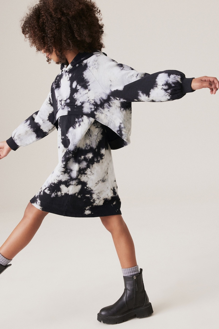 Black/White 100% Cotton Tie Dye Hoodie Dress (3-16yrs) - Image 1 of 7