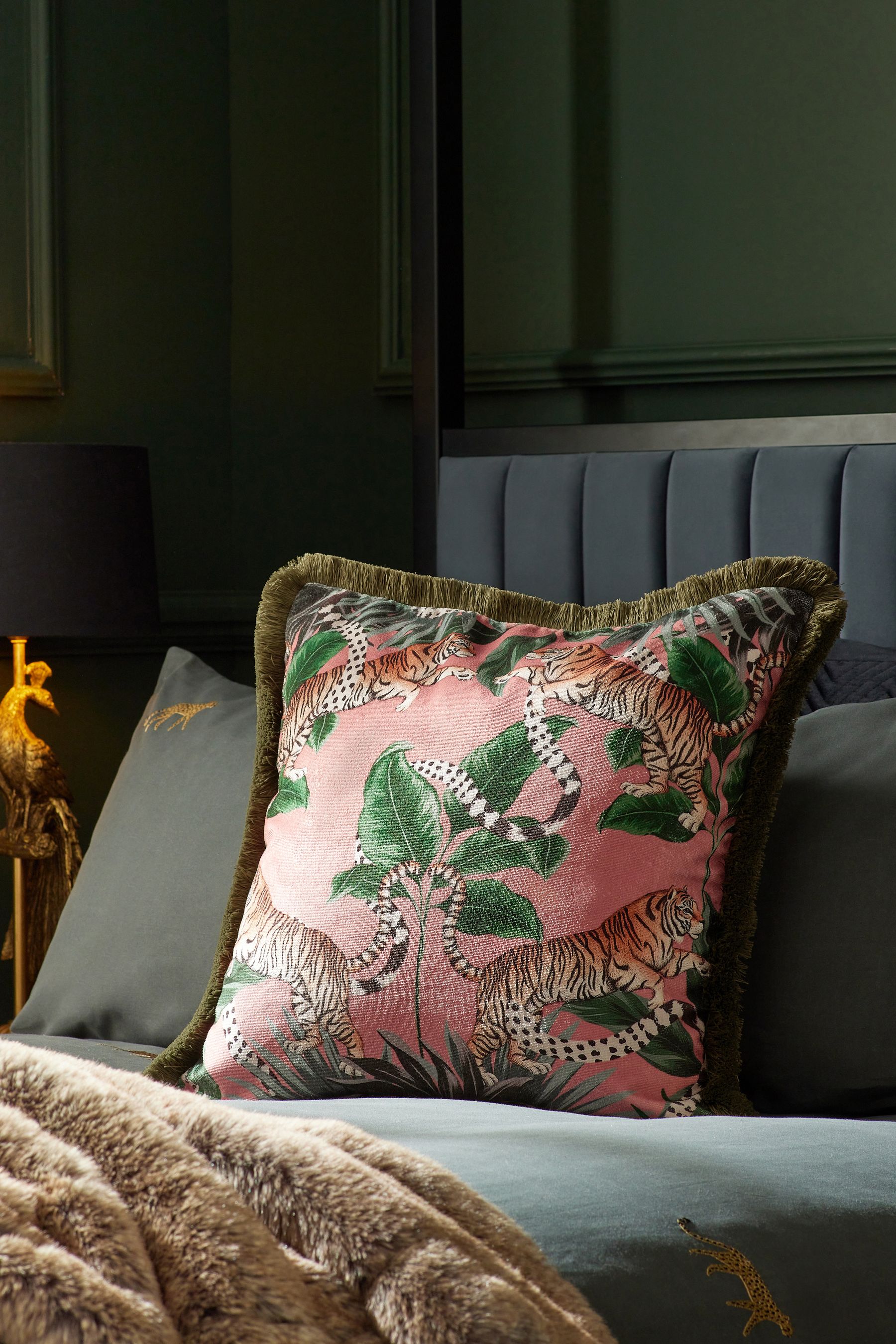 Buy Pink Maximalist Tiger Print Velvet Cushion from Next Luxembourg