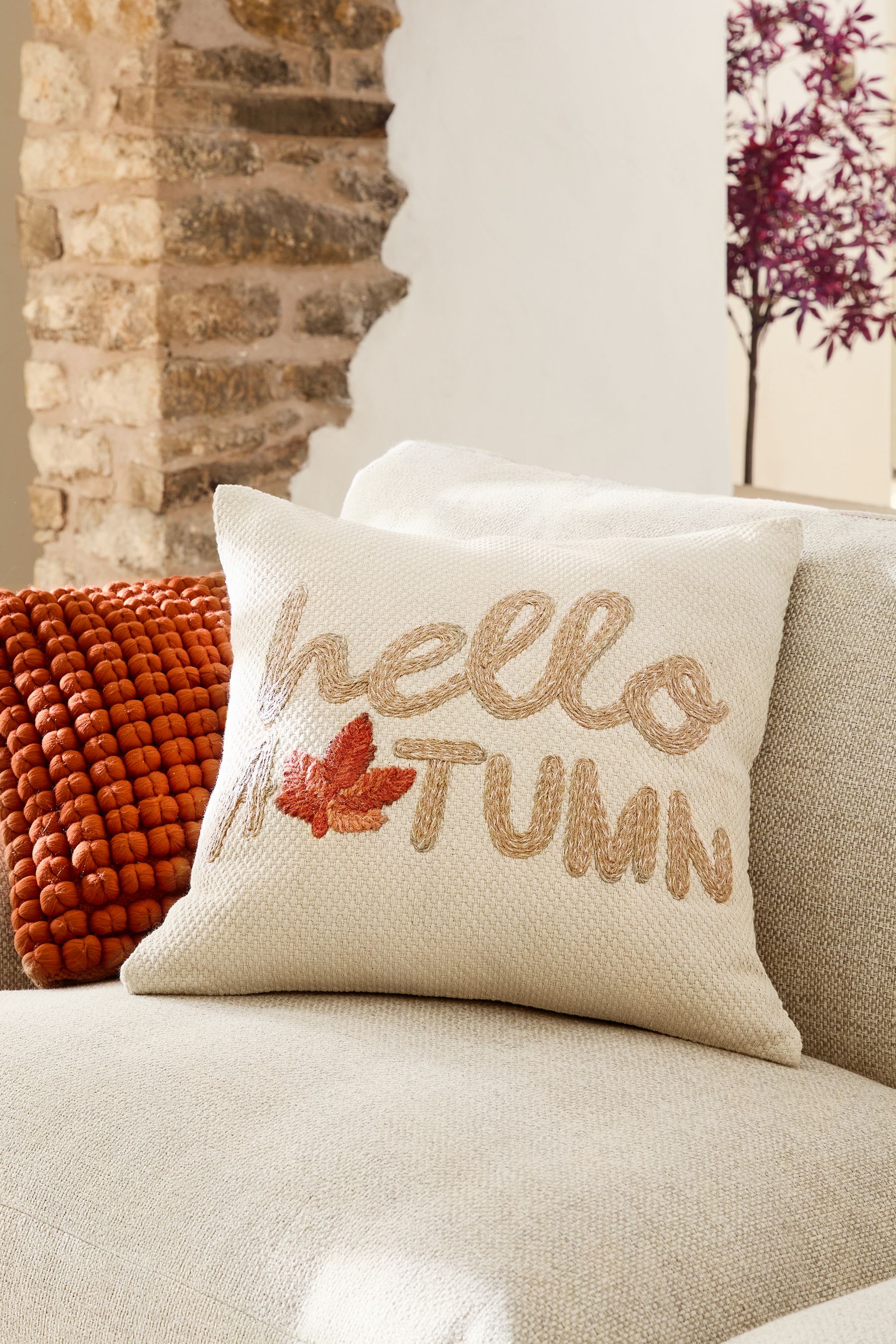 Buy Natural Hello Autumn Woven Embroidered Cushion from the Next UK online shop