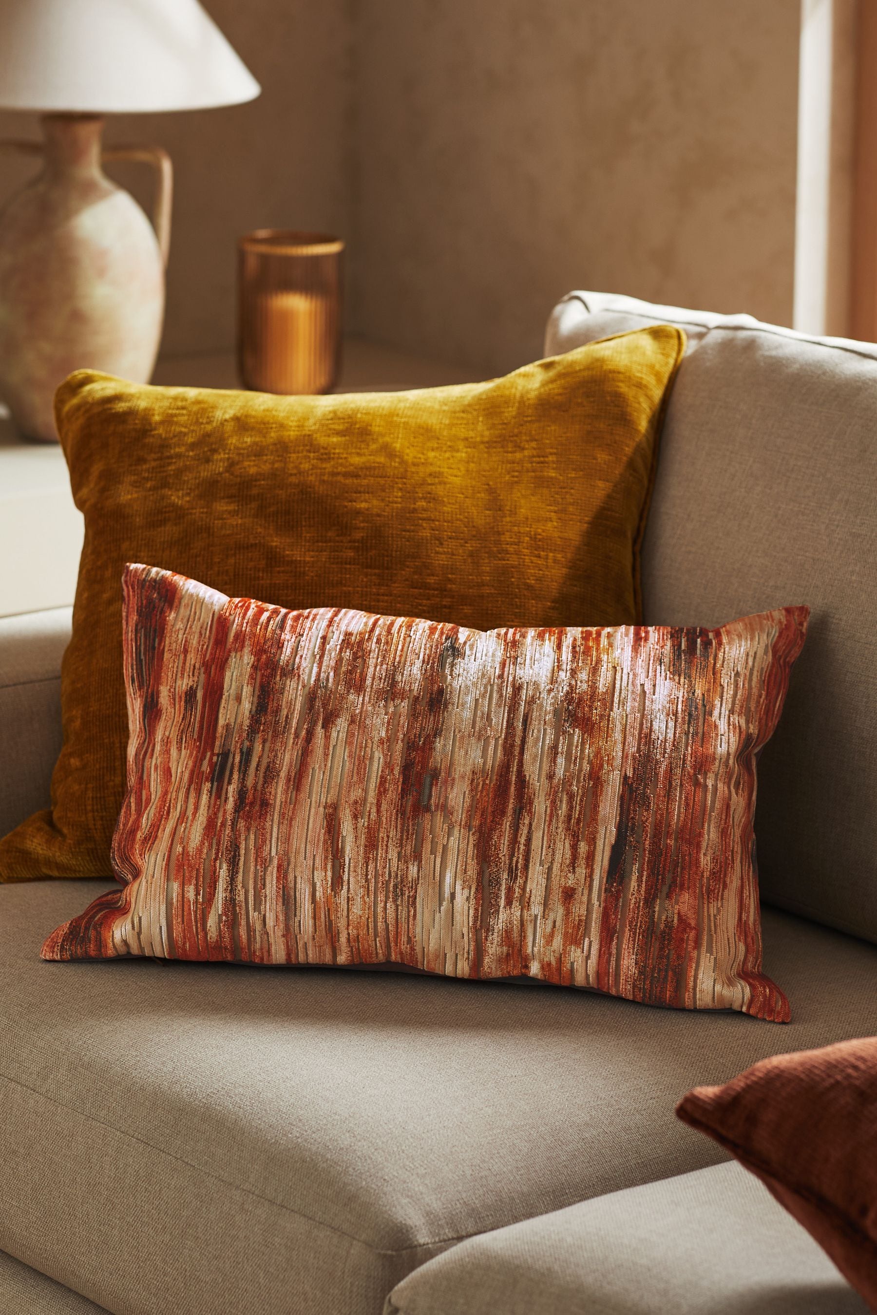 Buy Orange 40 x 59cm Haze Velvet Stripe Cushion from Next Luxembourg
