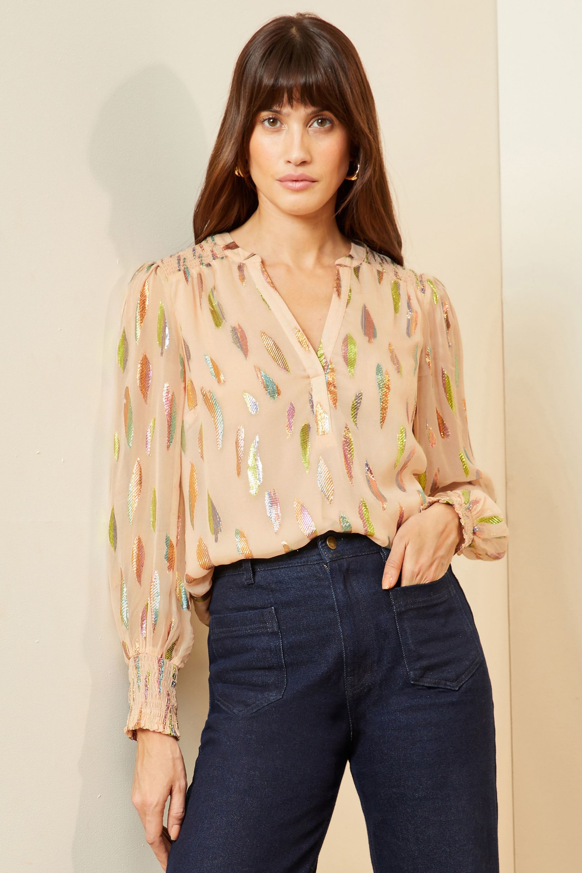 Love & Roses Pink Metallic Chiffon V Neck Long Sleeve Over The Head Blouse - Image 1 of 4