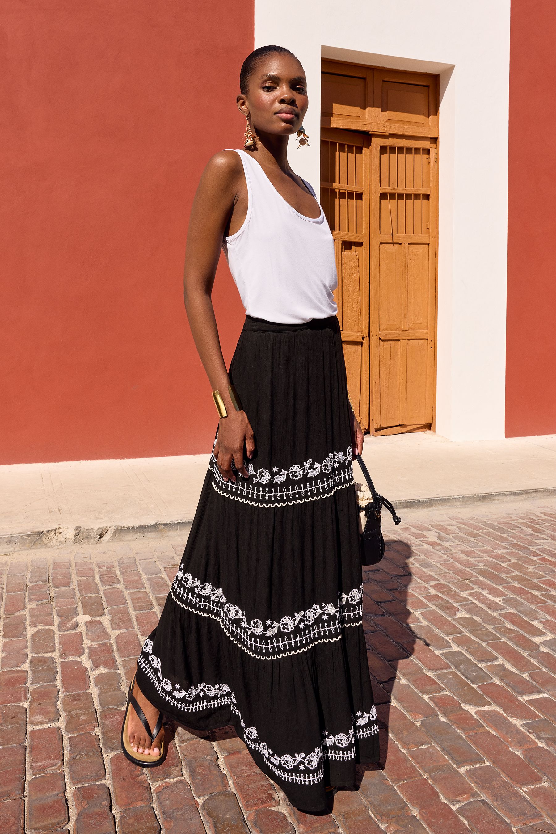 Buy Love Roses Black Tiered Embroidered Maxi Skirt from Next Ireland