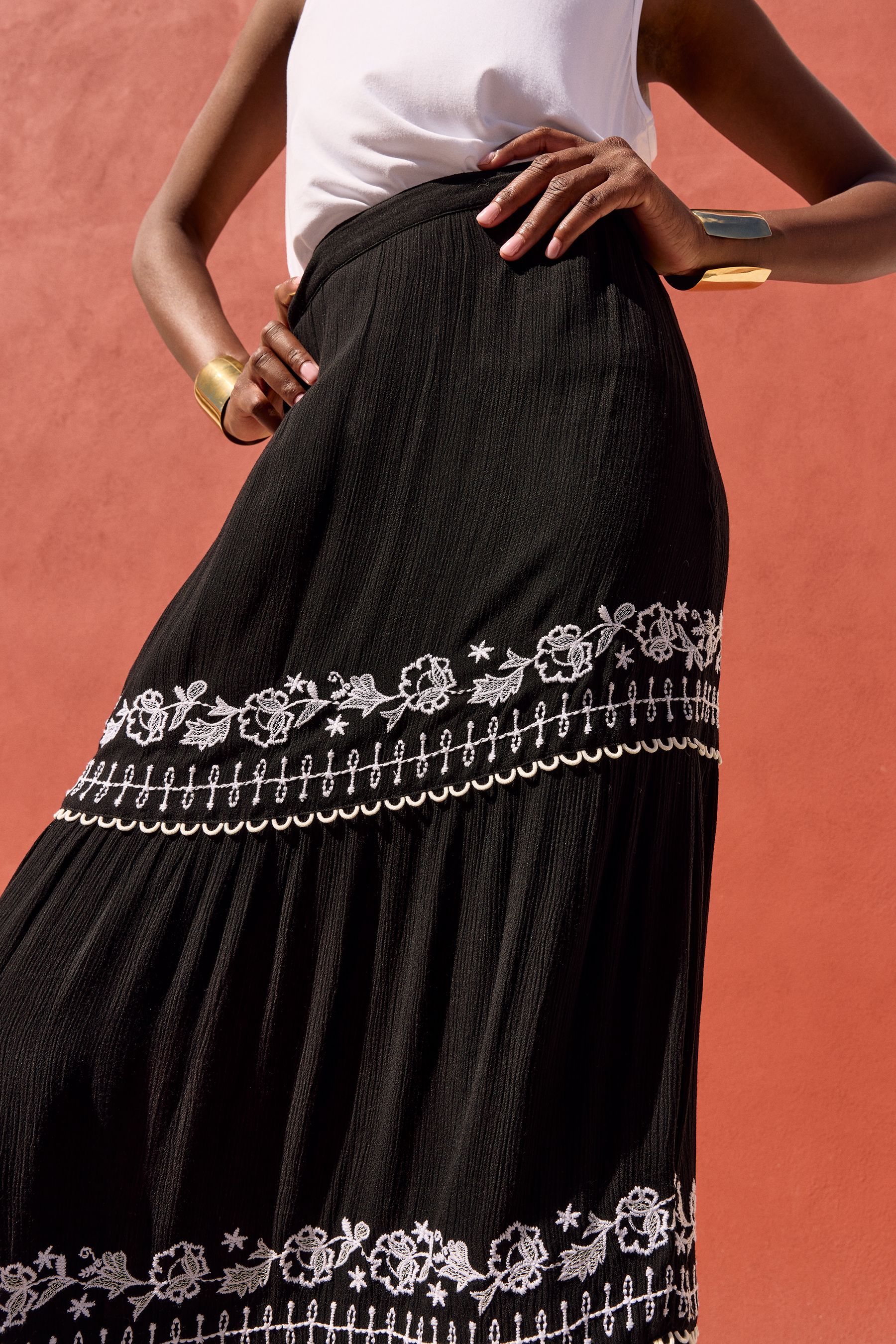 Love Roses Black Tiered Embroidered Maxi Skirt