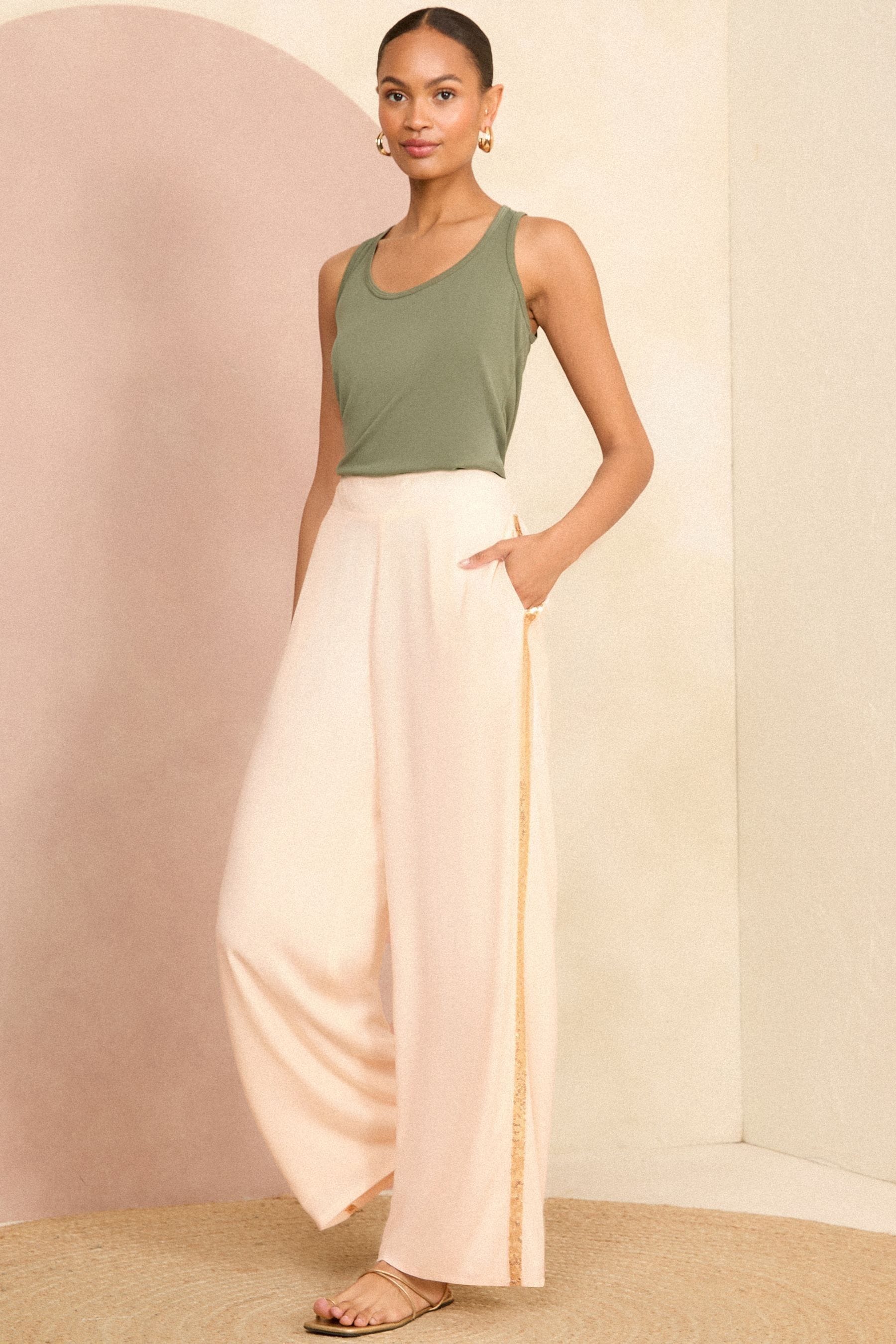 Buy Love Roses Stone Cream Lightweight Side Trim Wide Leg Trousers from the Next UK online shop