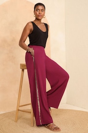 Love & Roses Burgundy Red Lightweight Side Trim Wide Leg Trousers - Image 2 of 4