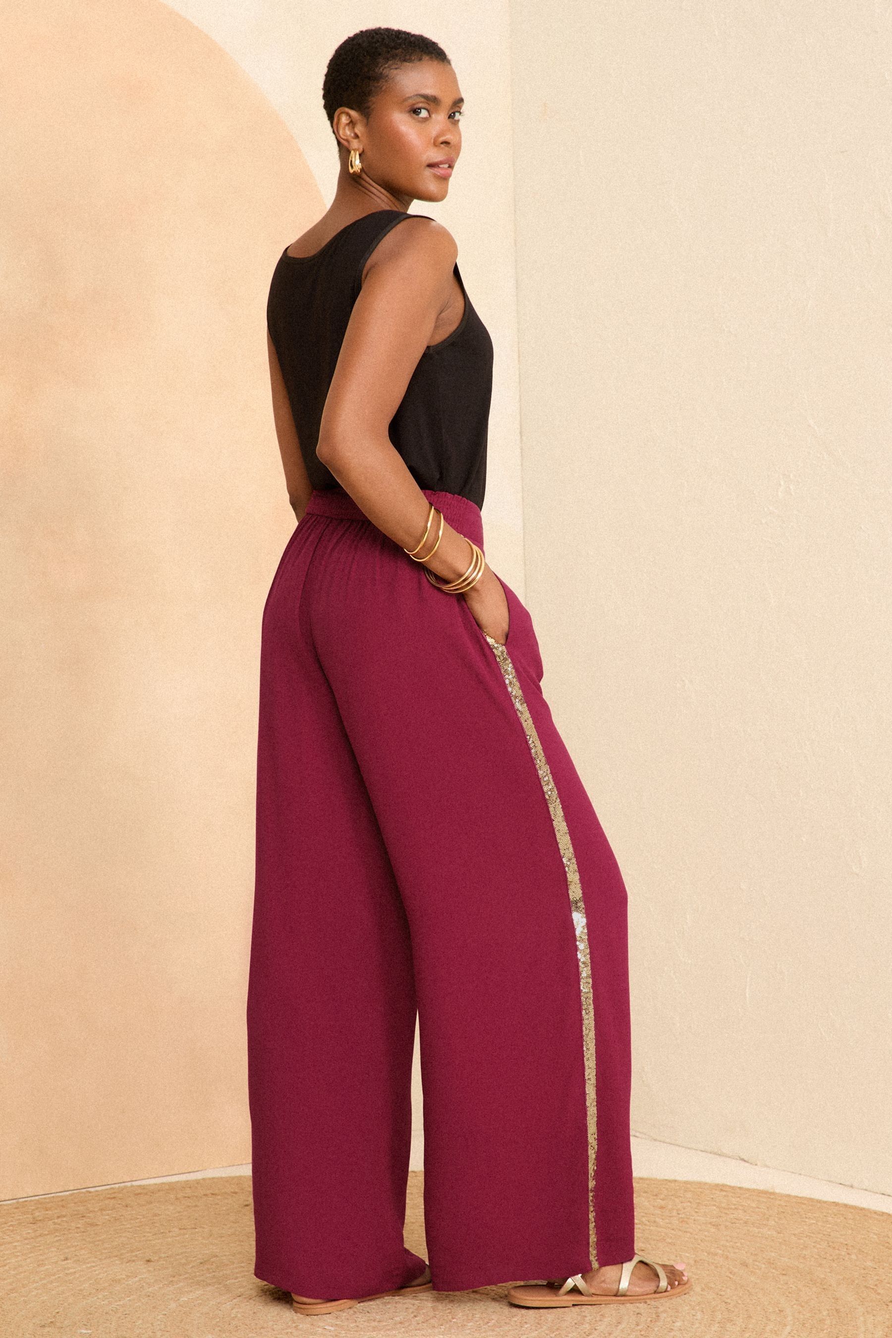 Burgundy straight leg trousers on sale