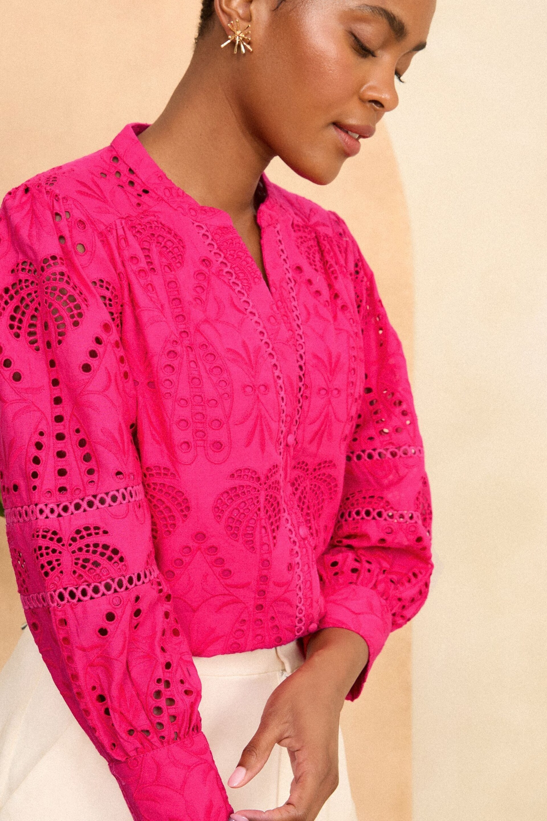 Love & Roses Pink Broderie V Neck Button Through Blouse - Image 2 of 4