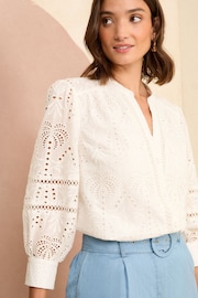 Love & Roses White Broderie V Neck Button Through Blouse - Image 1 of 4