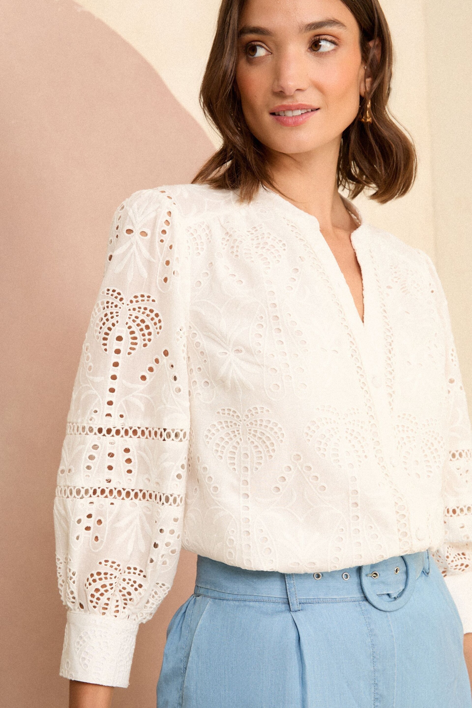 Love & Roses White Broderie V Neck Button Through Blouse - Image 1 of 4