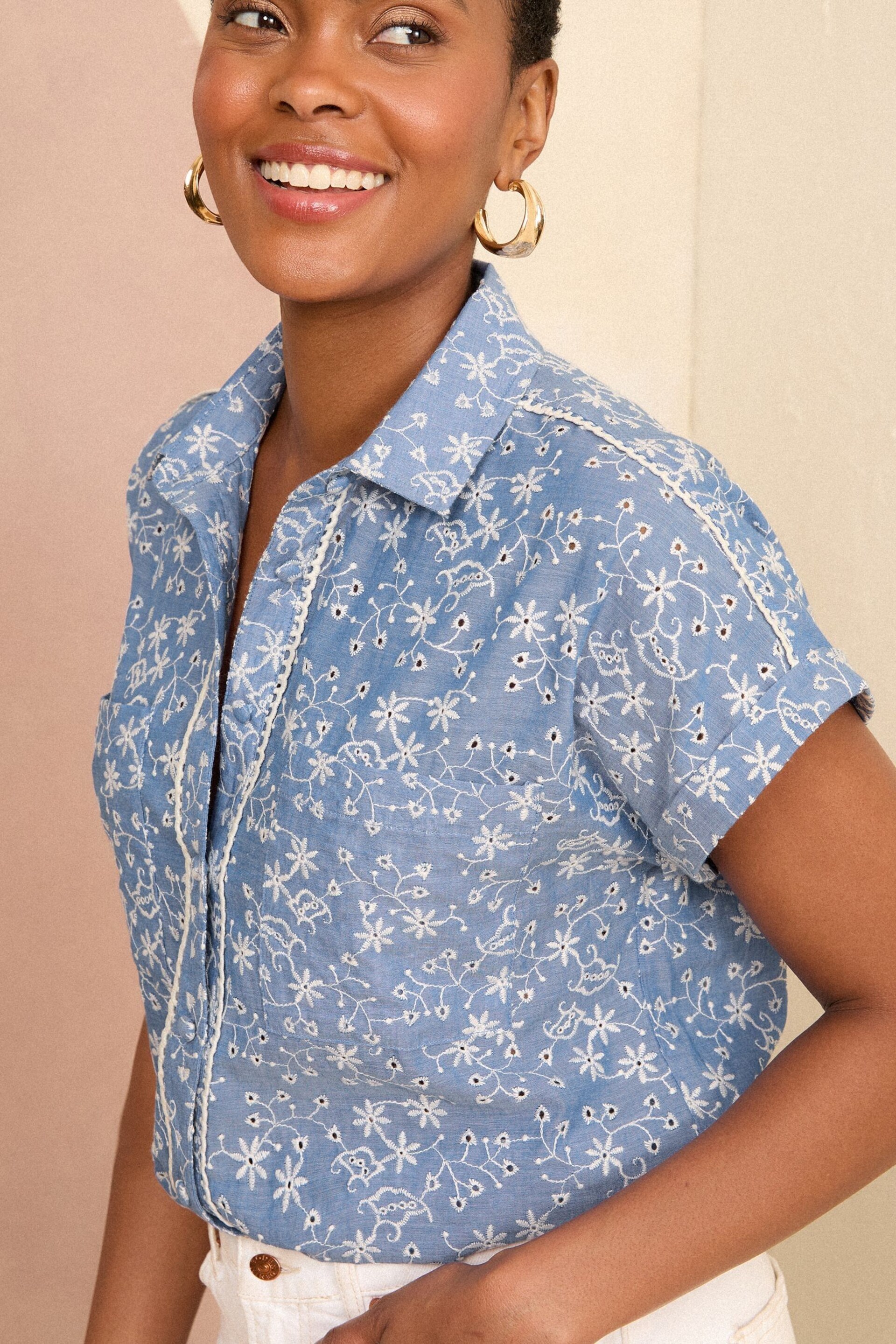 Love & Roses Blue Broderie Roll Sleeve Utility Shirt - Image 2 of 4