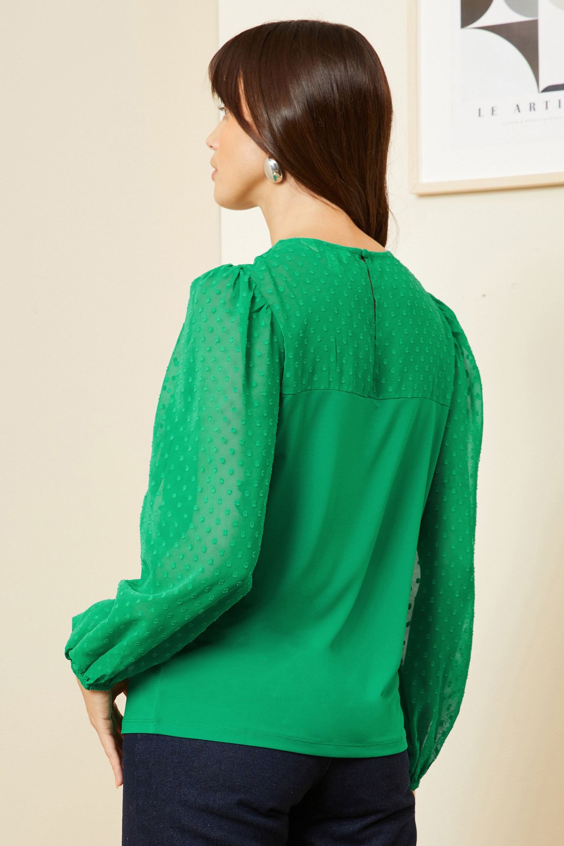 Love & Roses Bright Green Long Sleeve Dobby Mix Jersey Blouse - Image 4 of 4