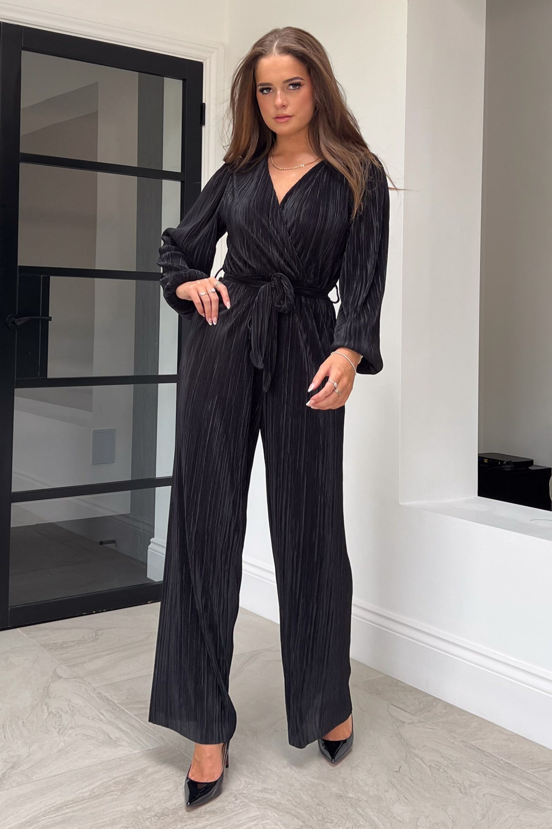 Girl In Mind Black Jennie Plisse Long Sleeves Wrap Jumpsuit - Image 1 of 4