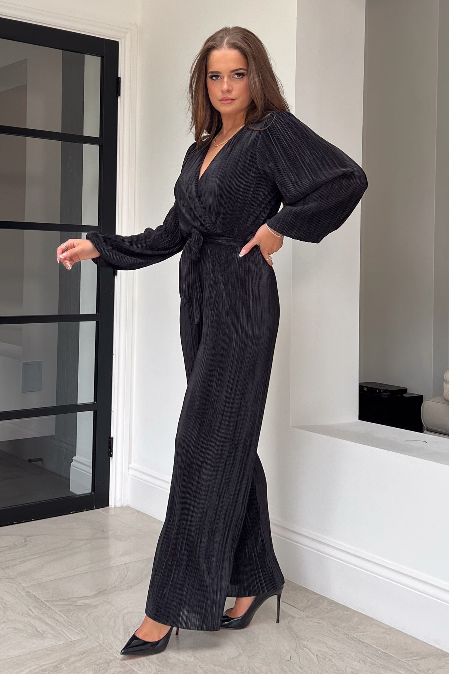 Buy Girl In Mind Black Jennie Plisse Long Sleeves Wrap Jumpsuit from Next Luxembourg