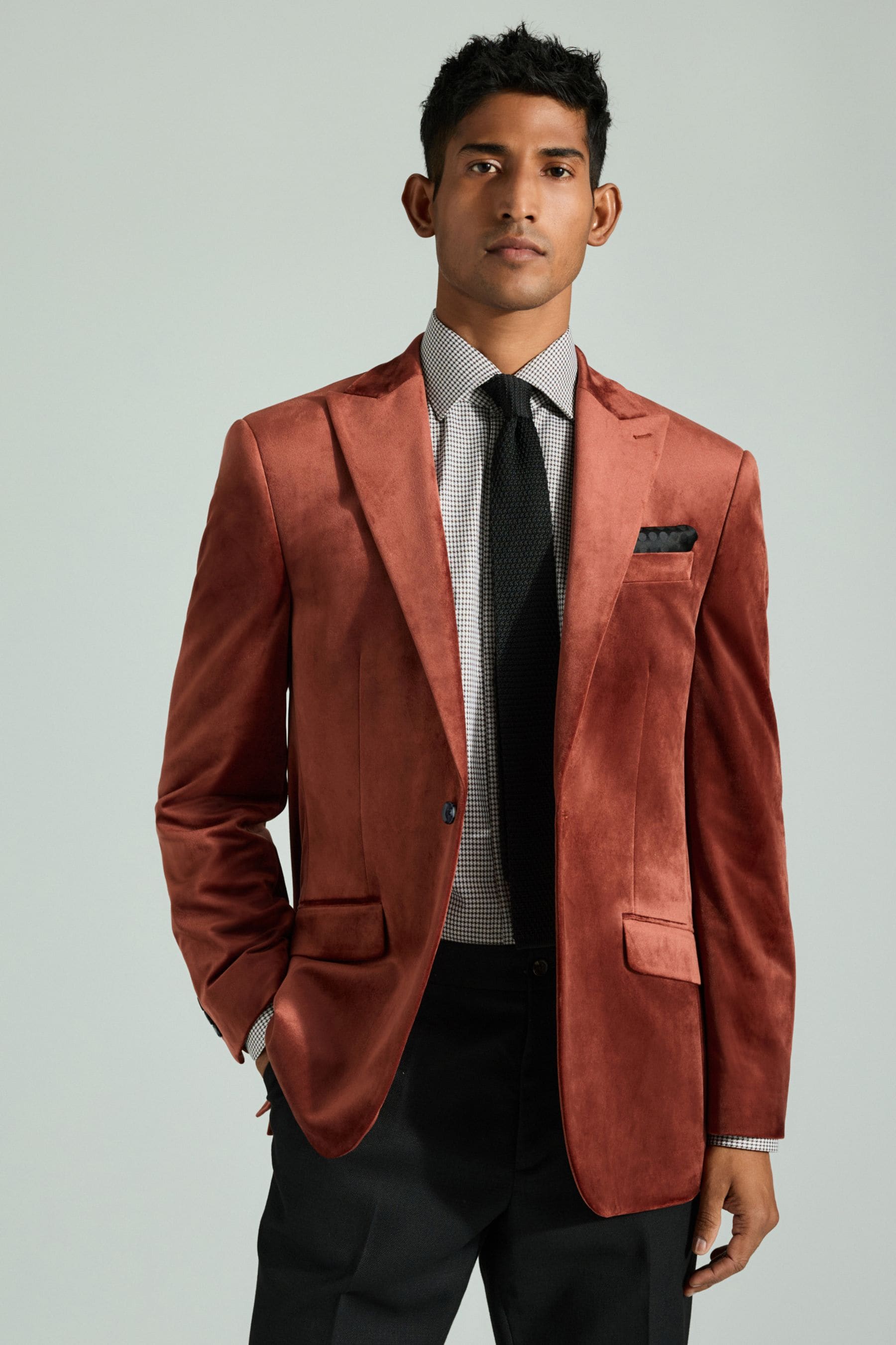 Rust Brown Slim Fit Self Lapel Velvet Blazer