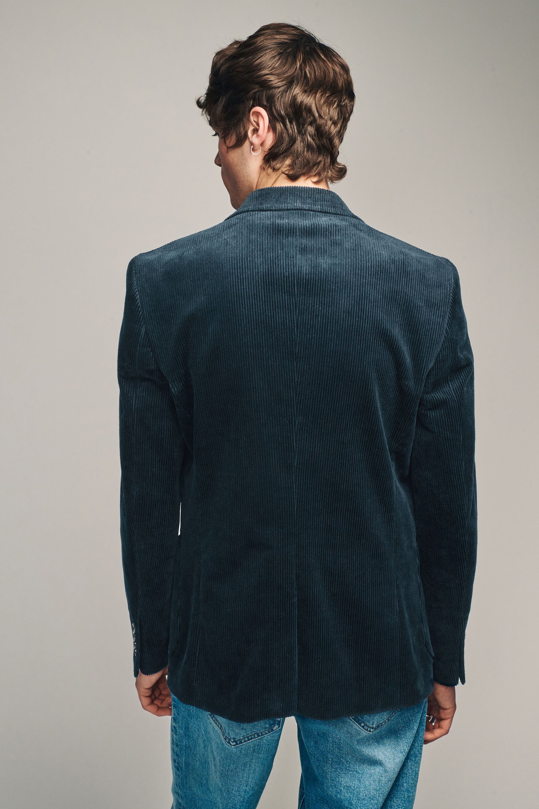 Navy Blue Regular Fit Corduroy Formal Jacket